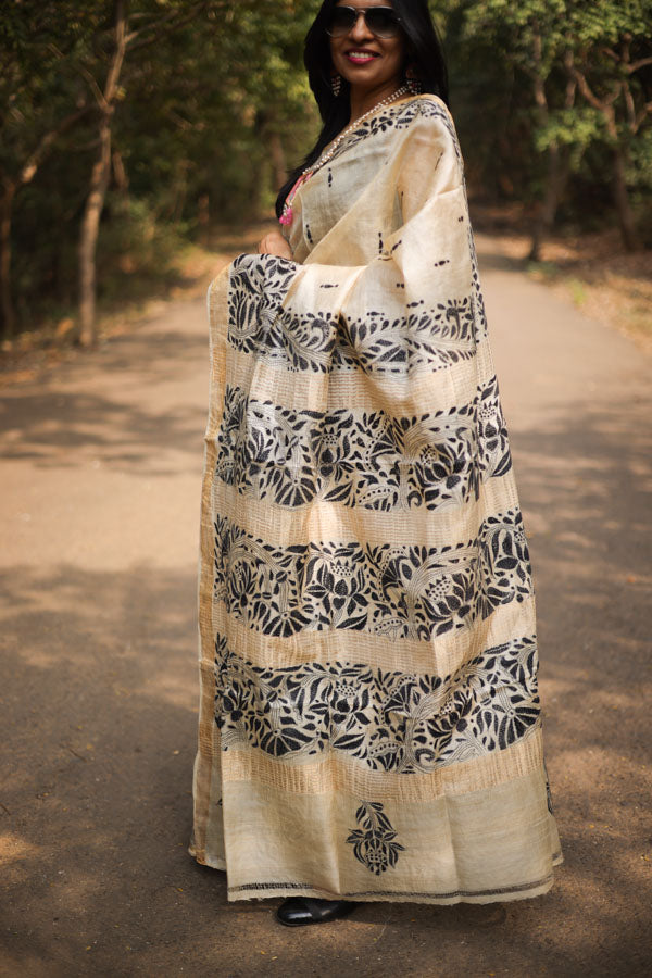 Beige Kosa Silk with Kantha Stitch