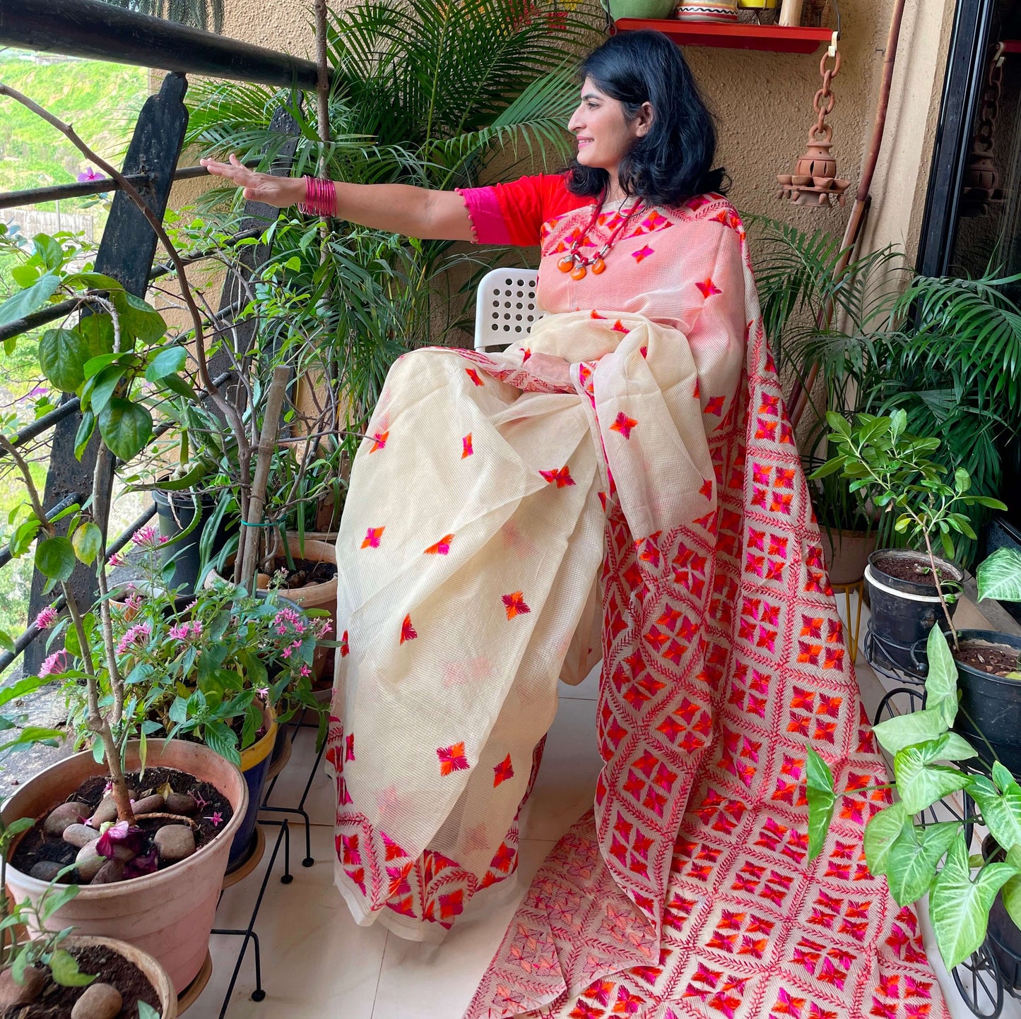 Beige orange Phulkari embroidery Saree
