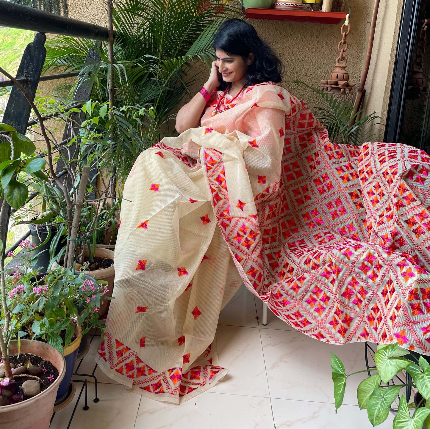Beige orange Phulkari embroidery Saree