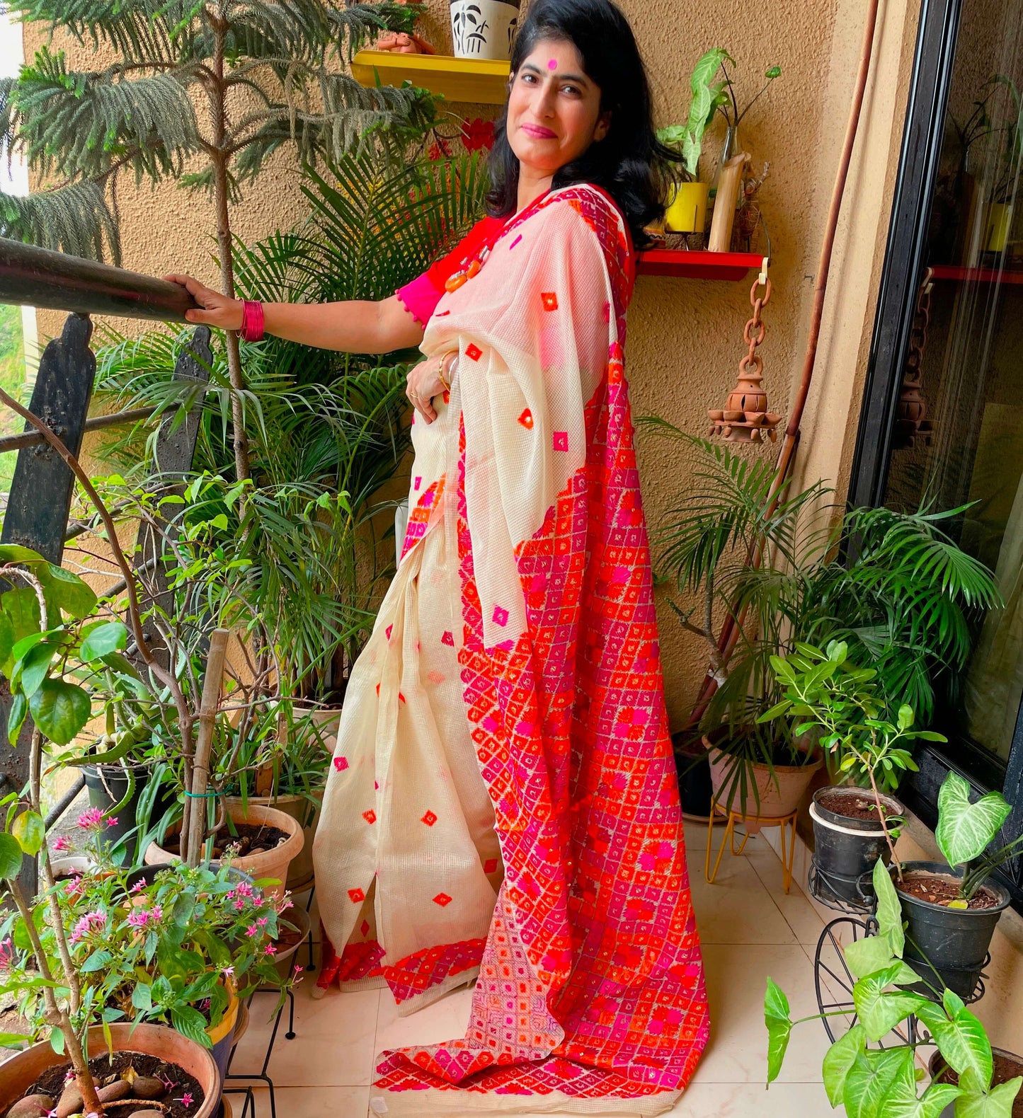 Beige orangeSitara Phulkari Saree