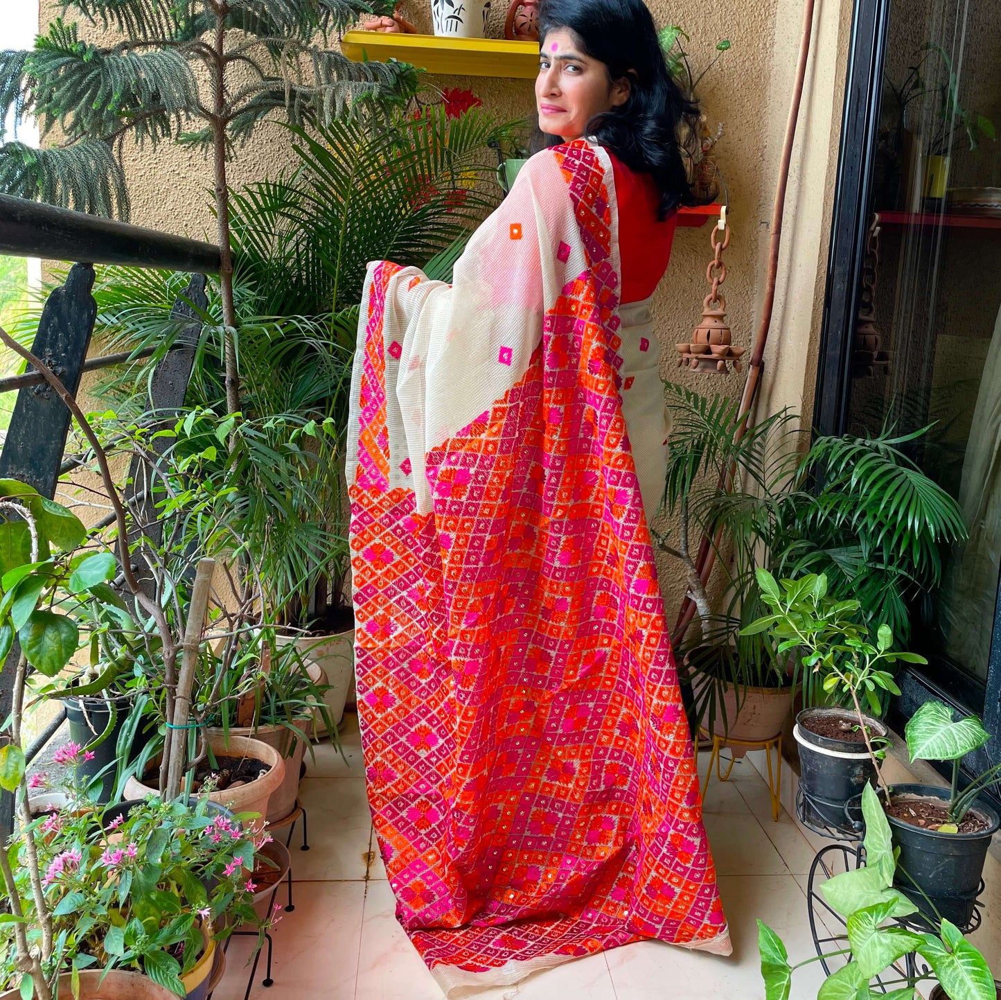 Beige orangeSitara Phulkari Saree