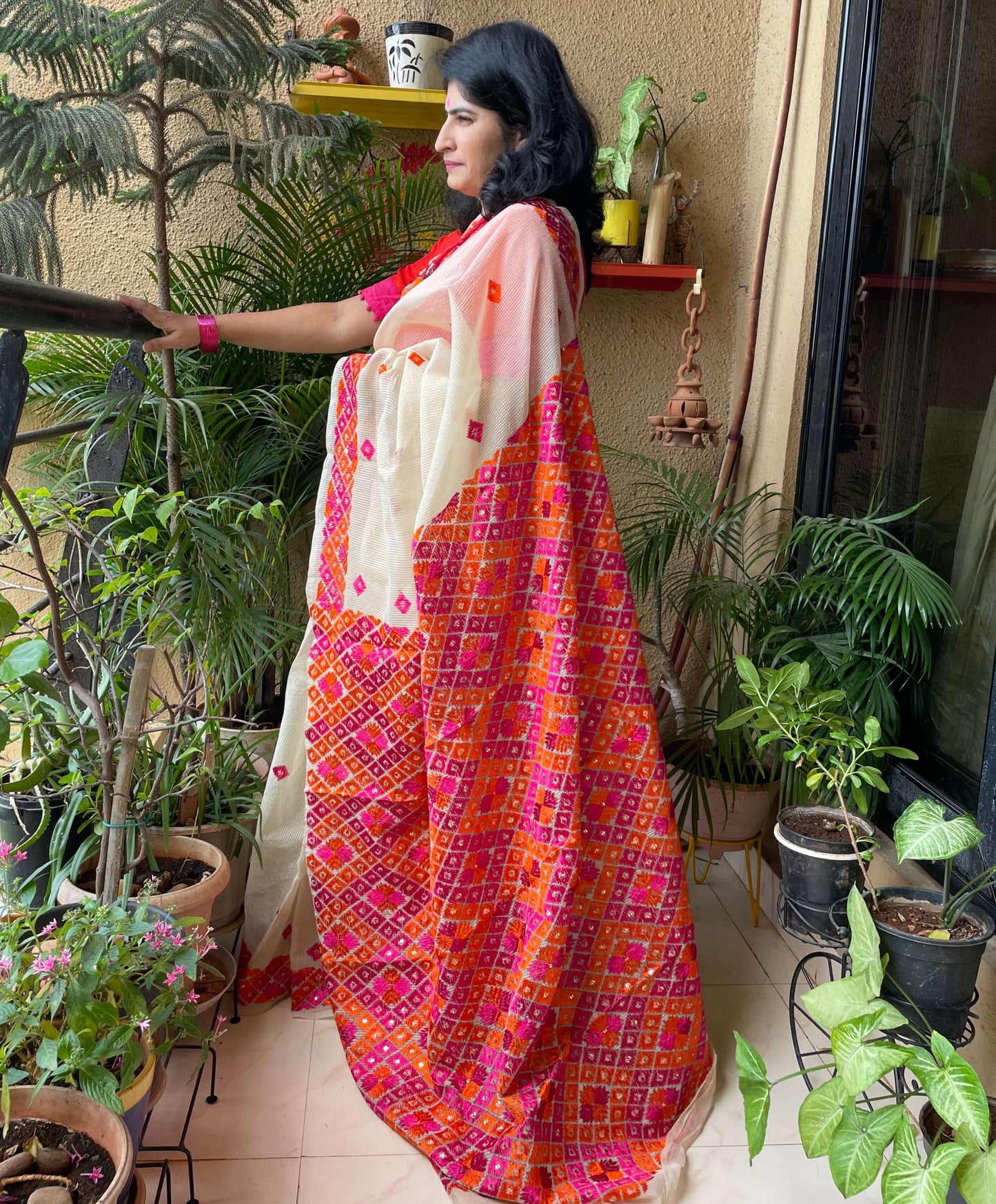Beige orangeSitara Phulkari Saree
