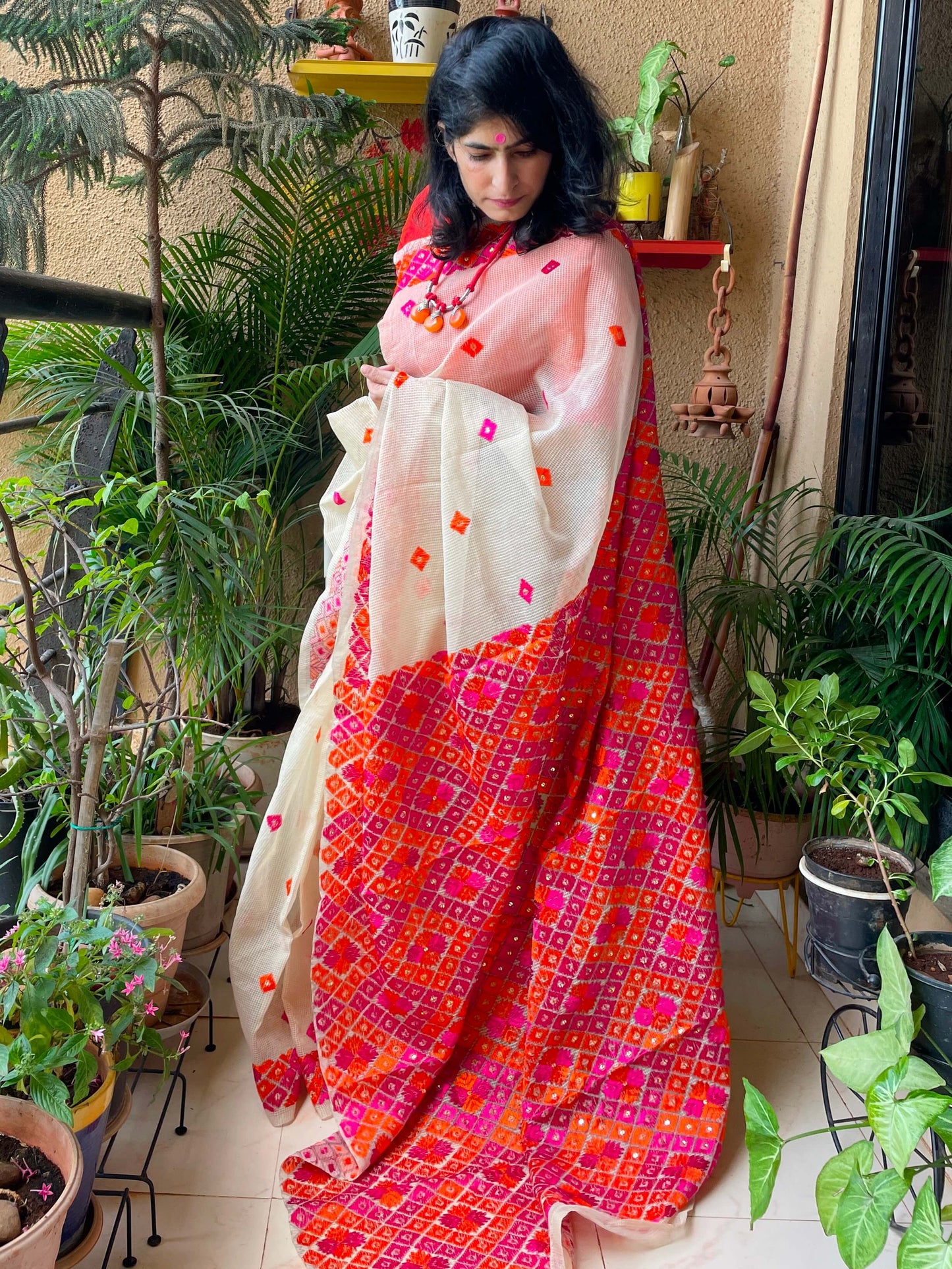 Beige orangeSitara Phulkari Saree