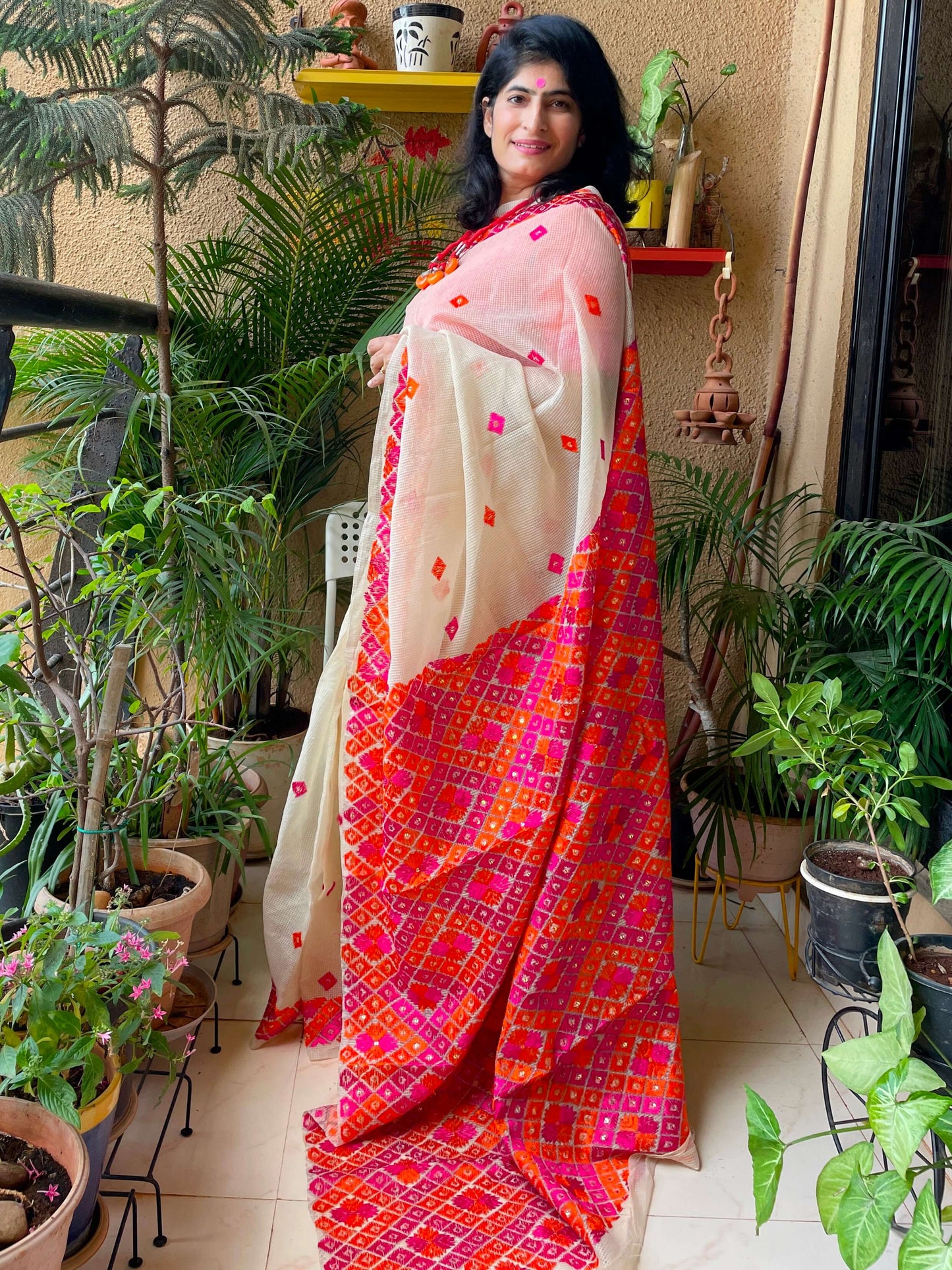 Beige orangeSitara Phulkari Saree