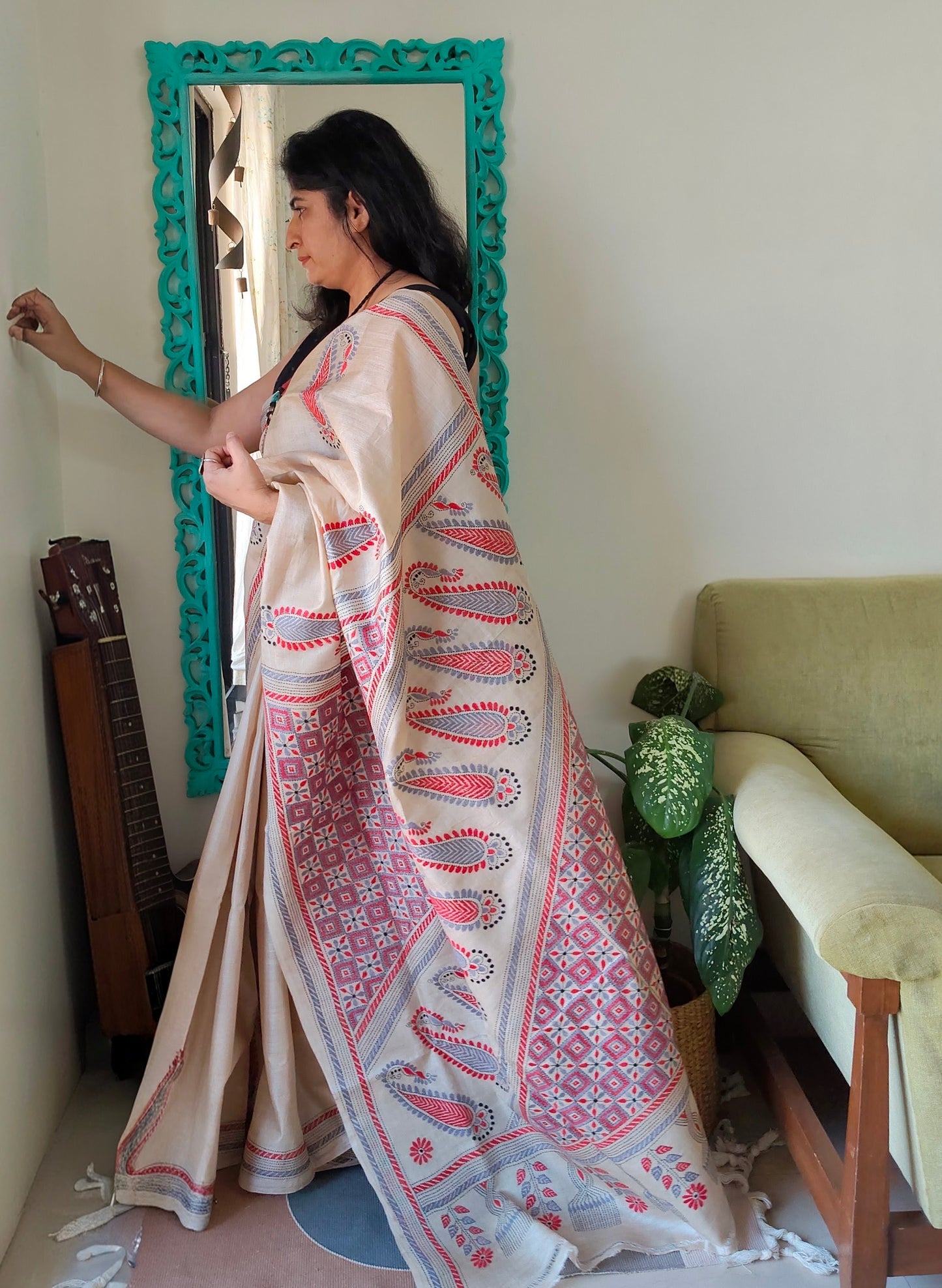 Beige Silk with Kantha Stitch