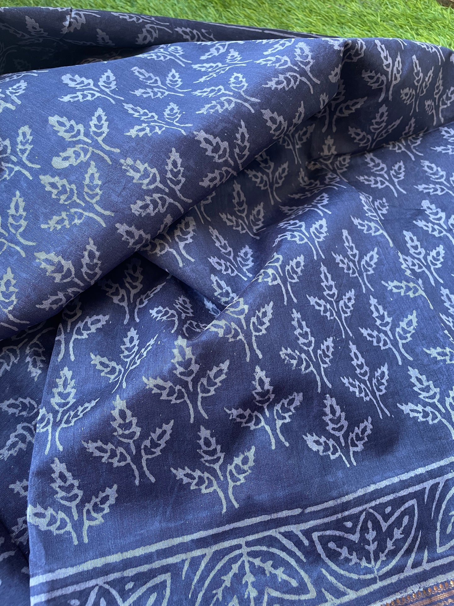 Blue Maheshwari Block print Saree