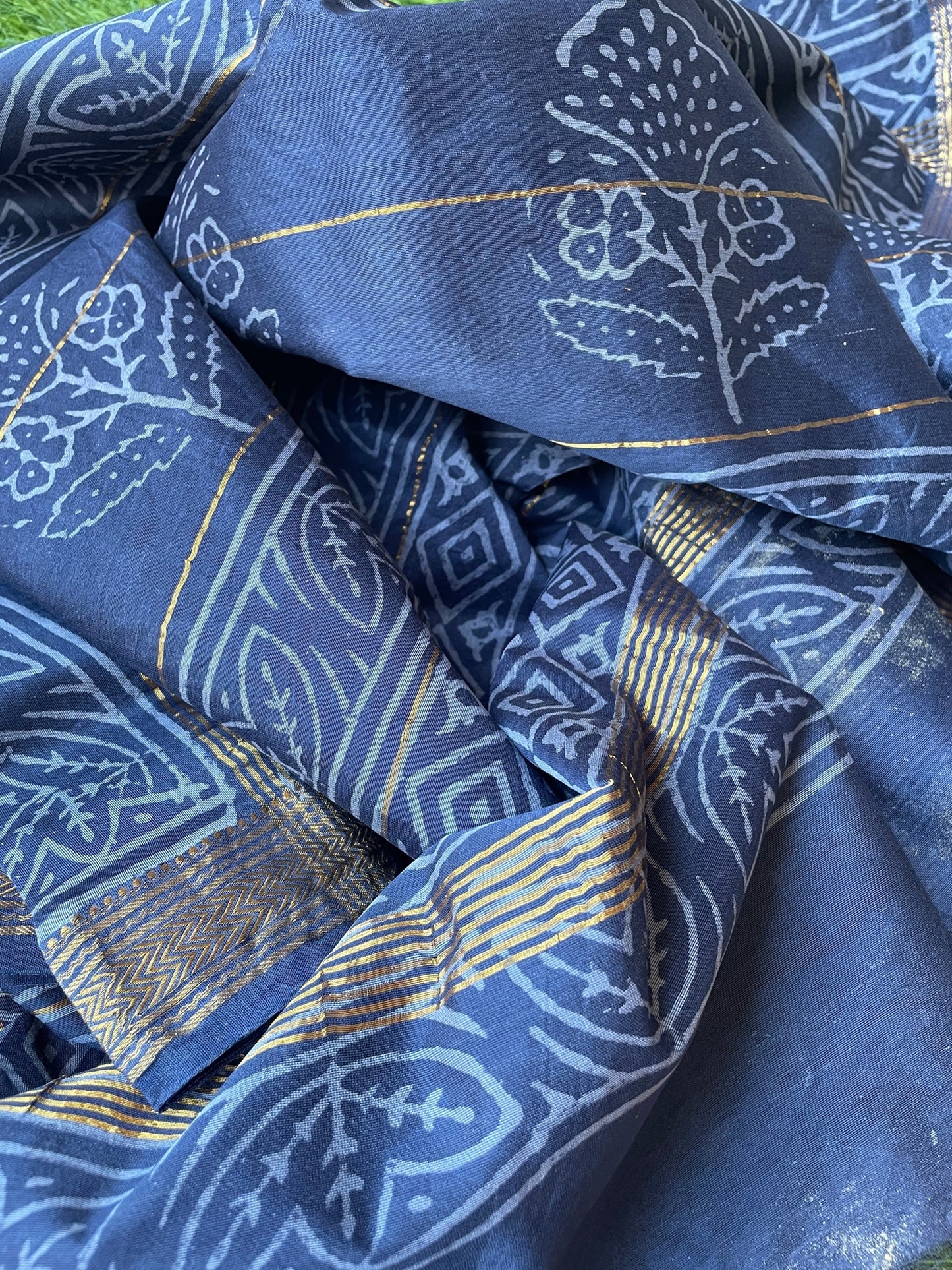 Blue Maheshwari Block print Saree