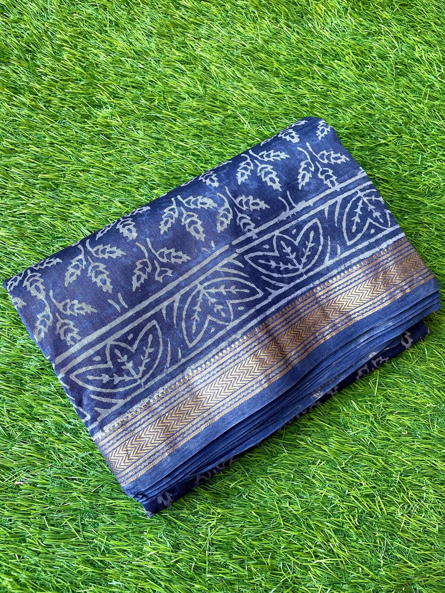 Blue Maheshwari Block print Saree