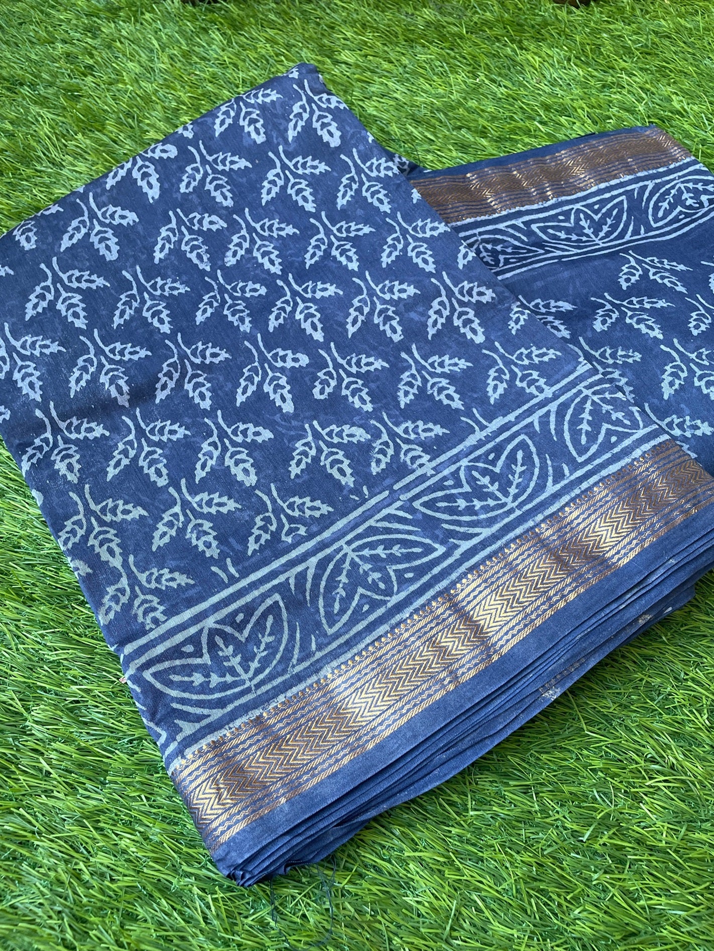 Blue Maheshwari Block print Saree