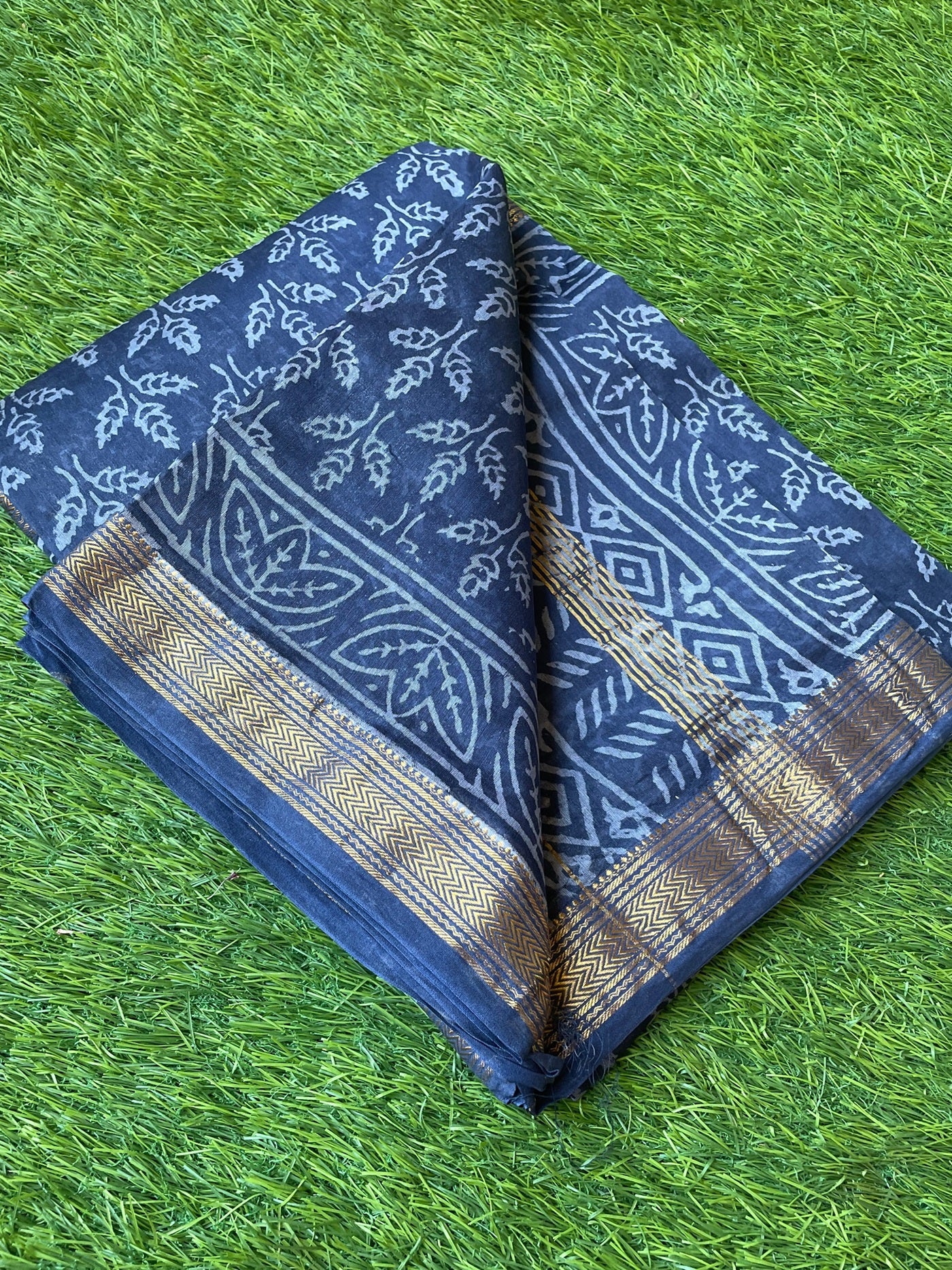 Blue Maheshwari Block print Saree