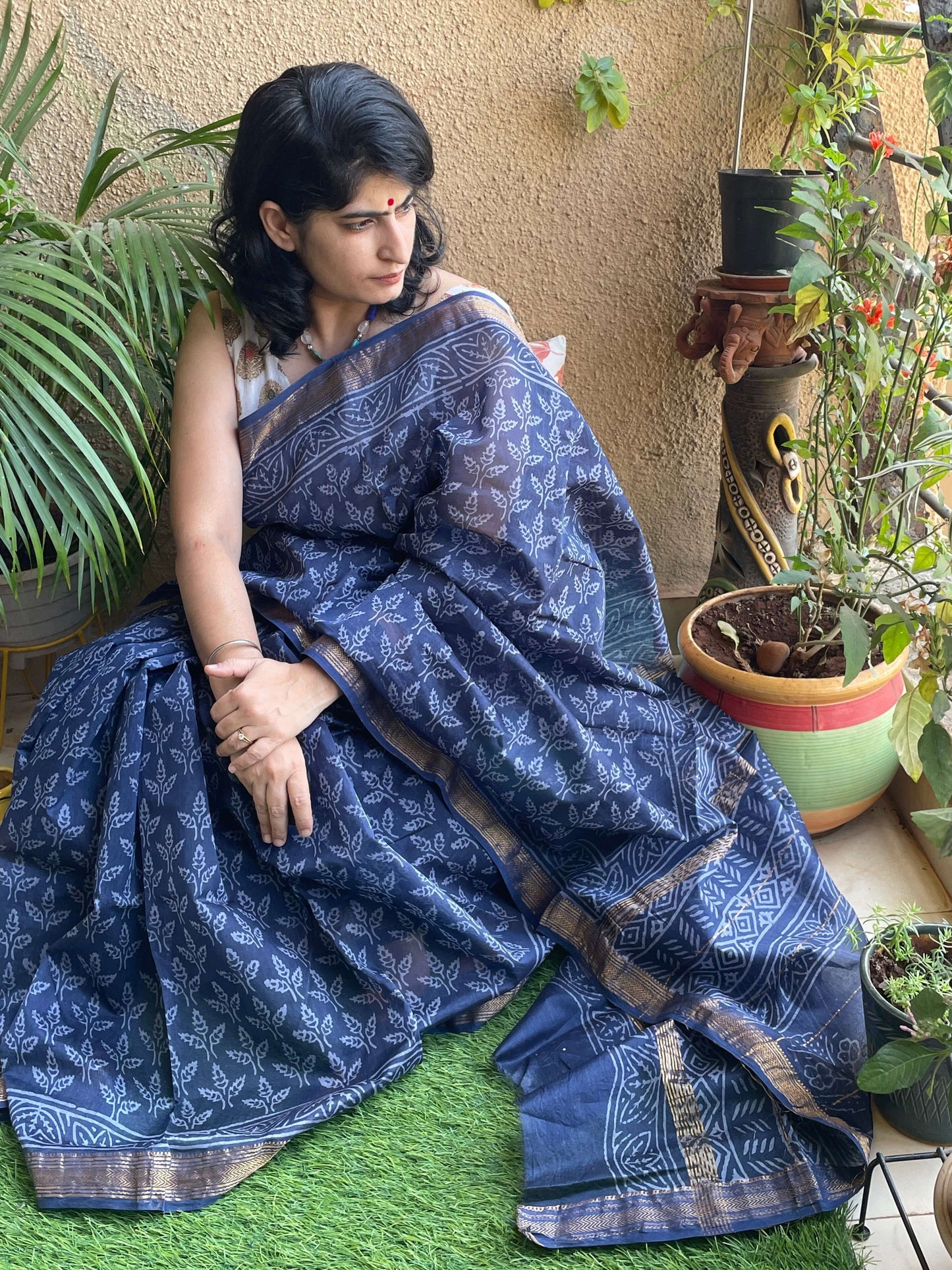 Blue Maheshwari Block print Saree