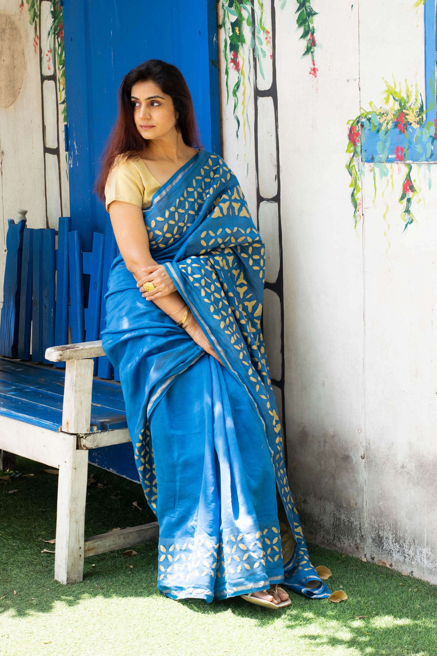 applique chanderi saree blue