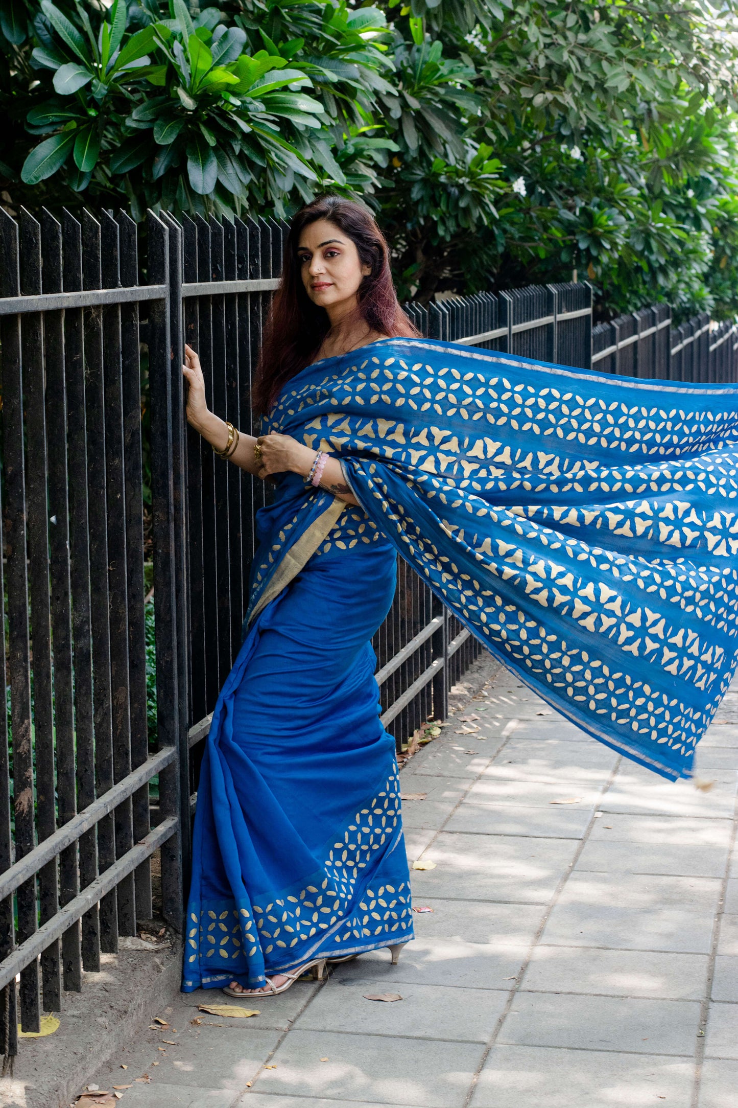 applique chanderi saree blue