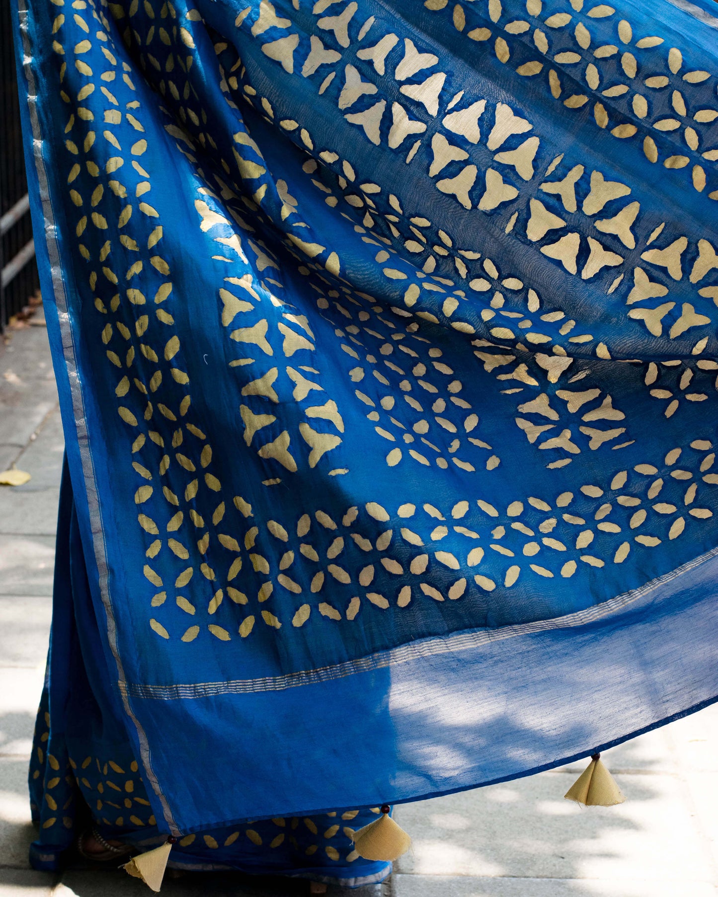 applique chanderi saree blue