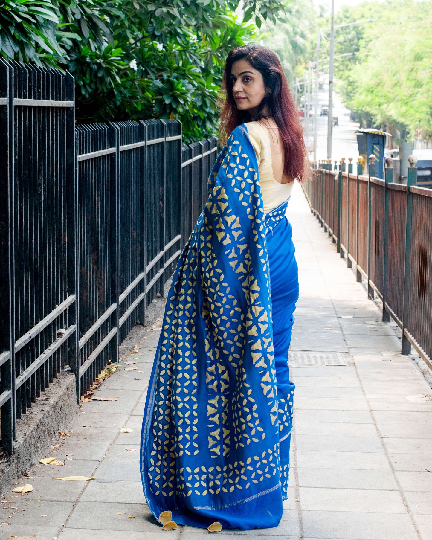 applique chanderi saree blue