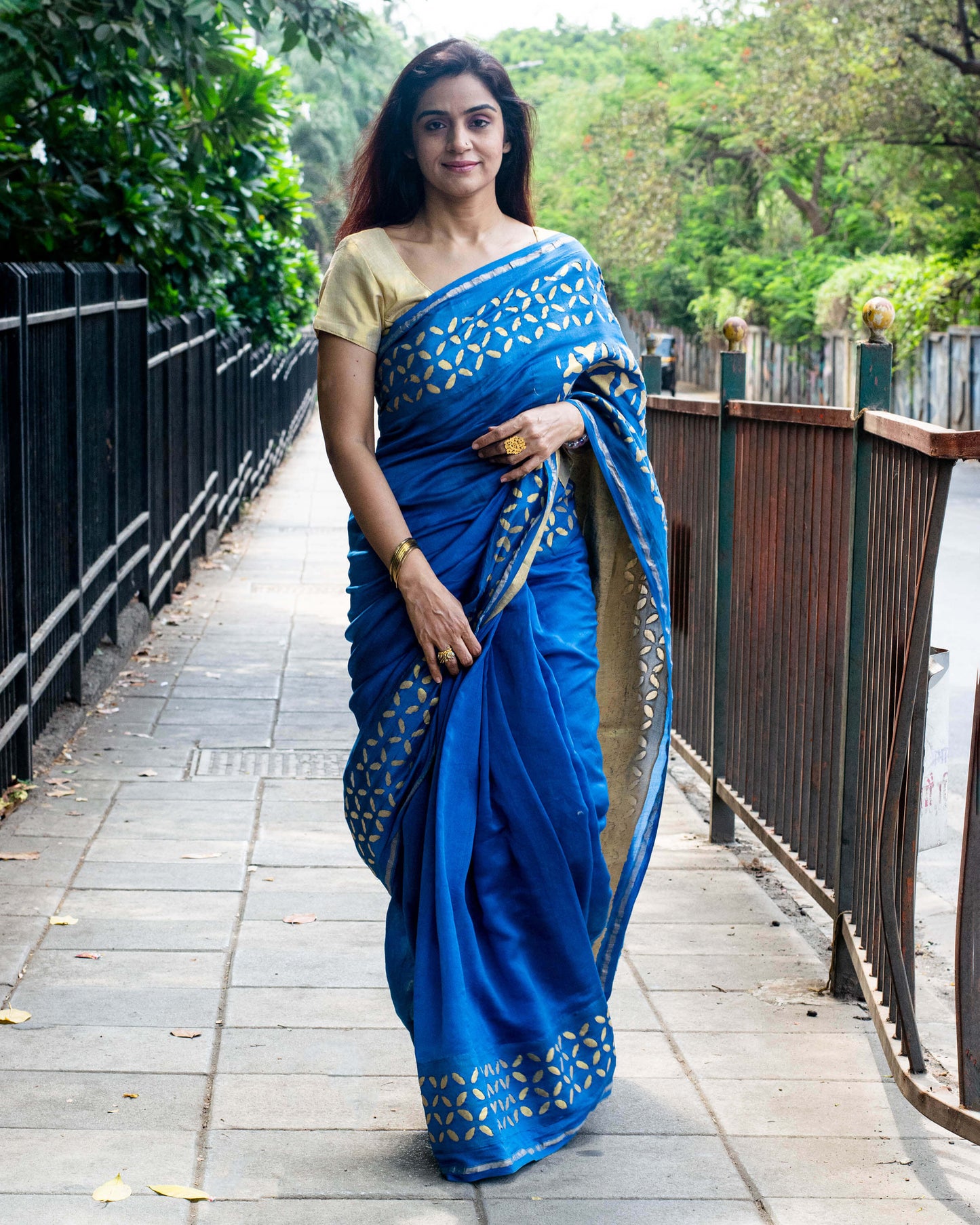 applique chanderi saree blue