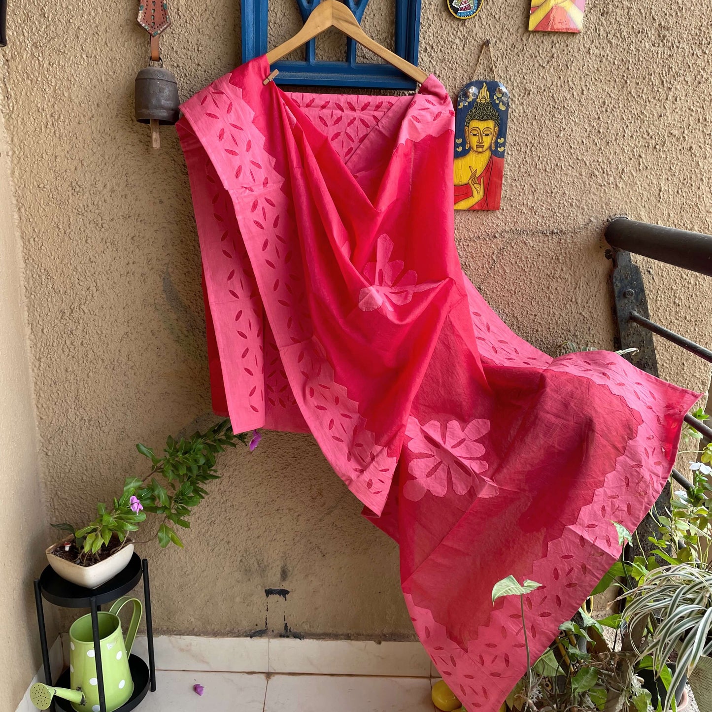 Coral red Applique Dupatta Kurta set