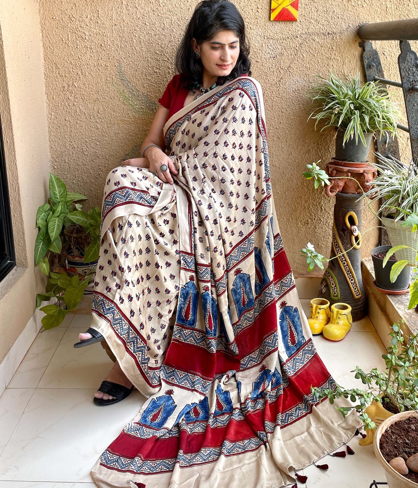 gold silk saree with block print ajrakh