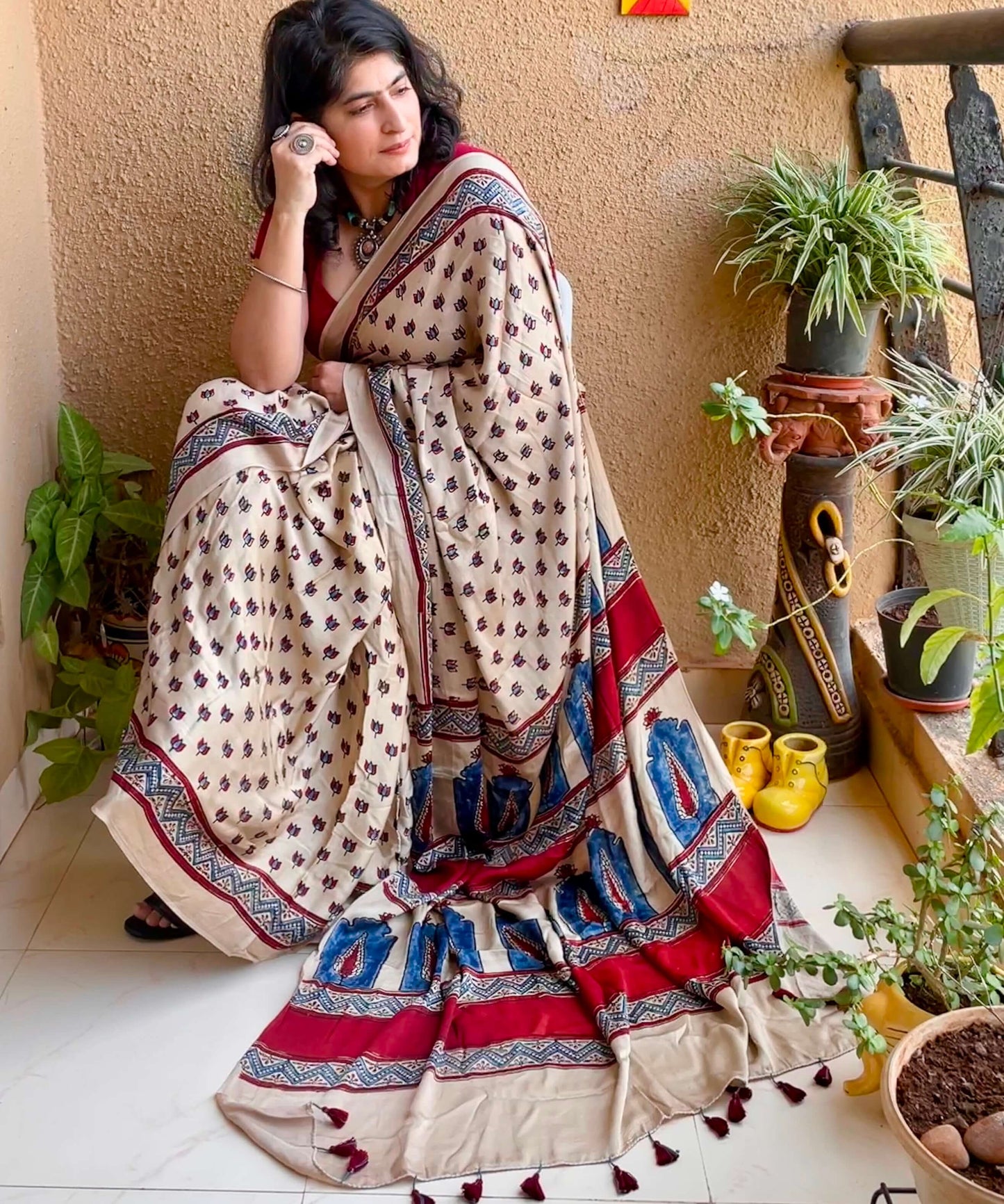 gold silk saree with block print ajrakh