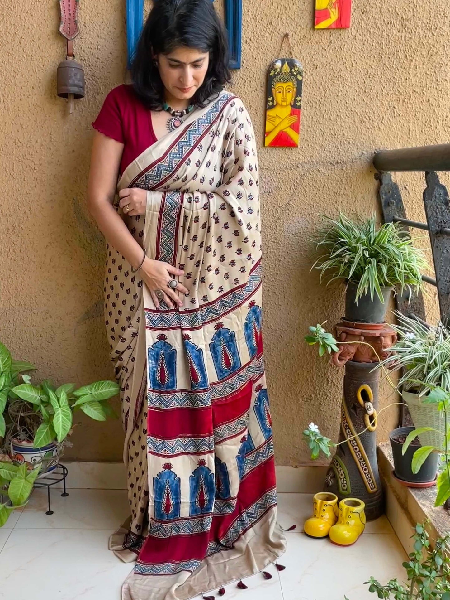 gold silk saree with block print ajrakh