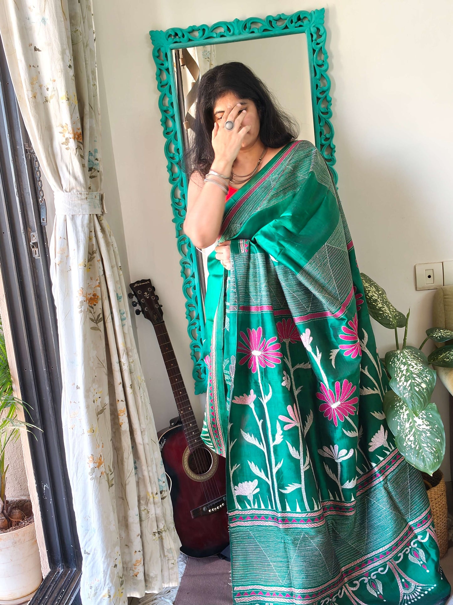 Green floral Silk with Kantha Stitch