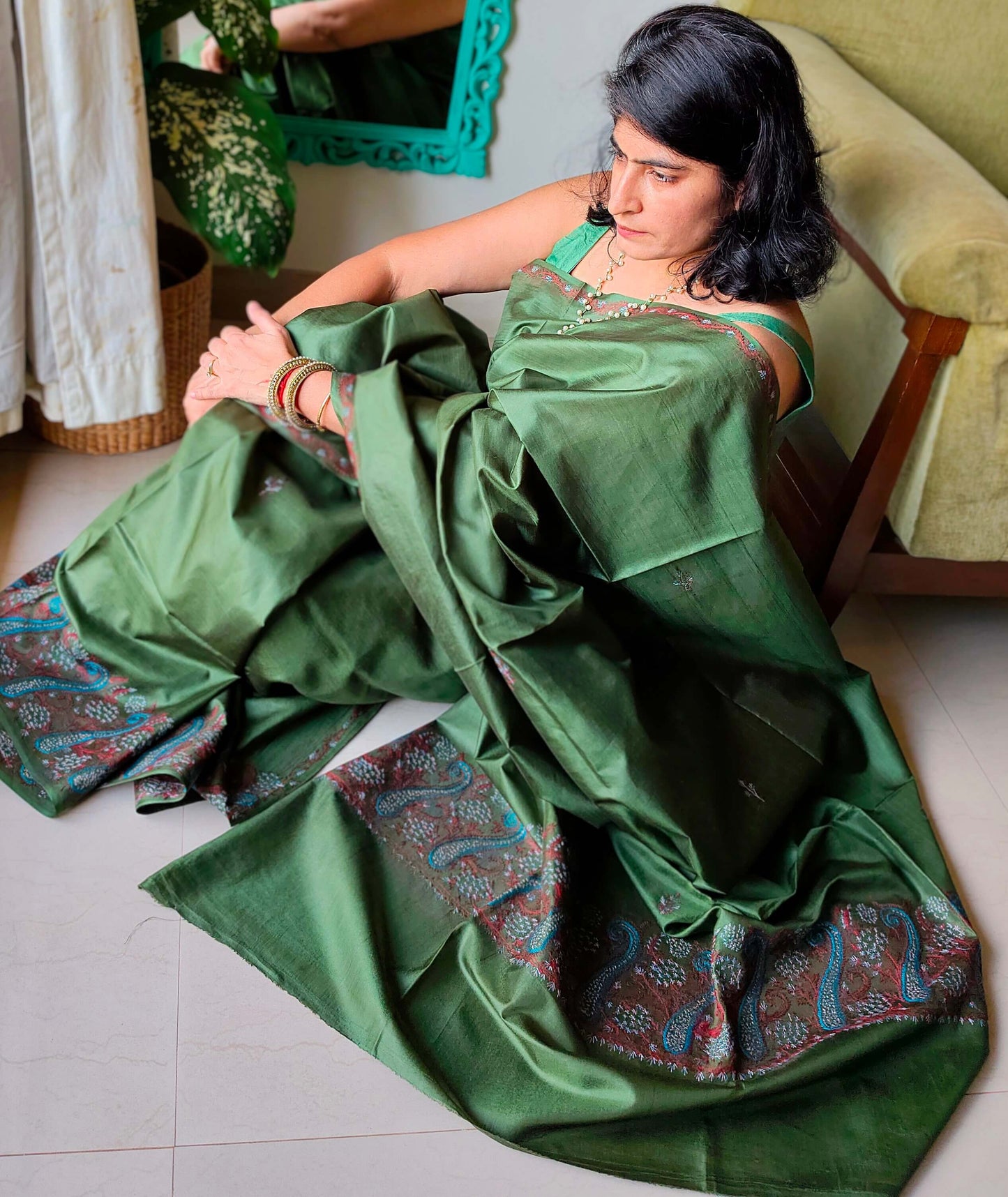 Green Silk Sozni Saree from Kashmir