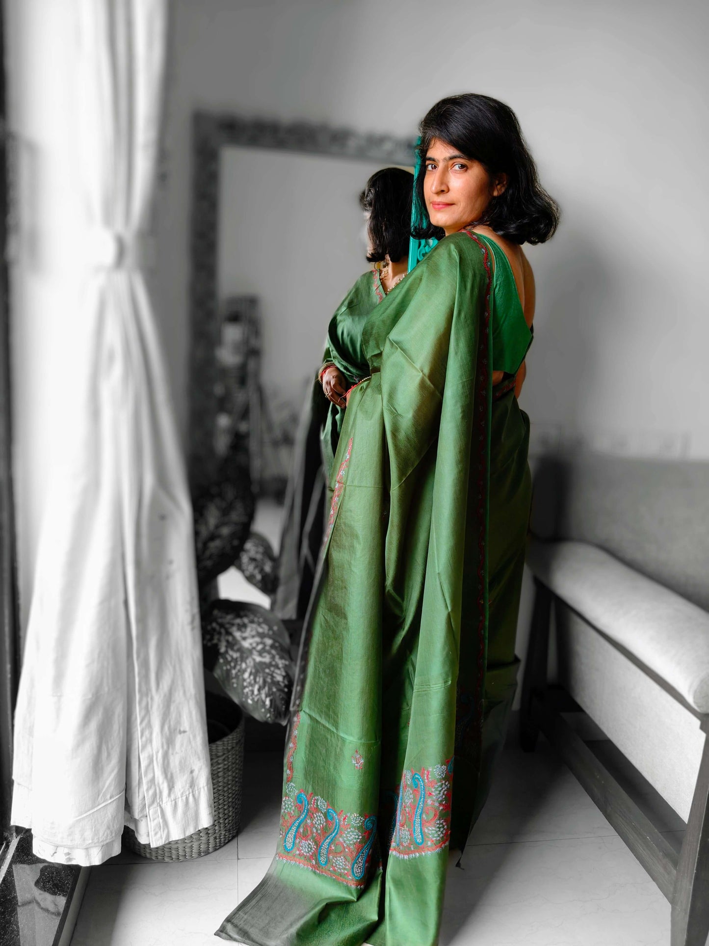 Green Silk Sozni Saree from Kashmir
