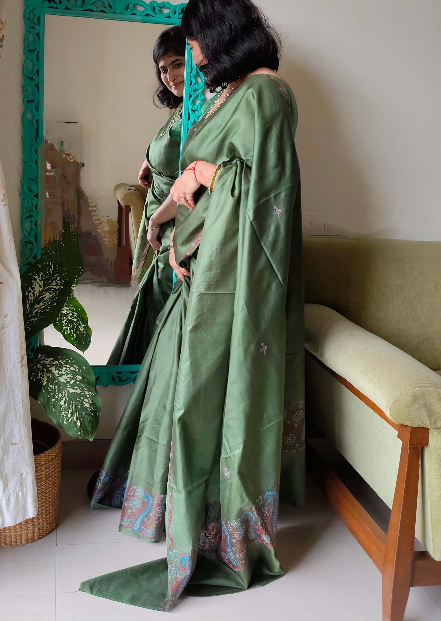 Green Silk Sozni Saree from Kashmir