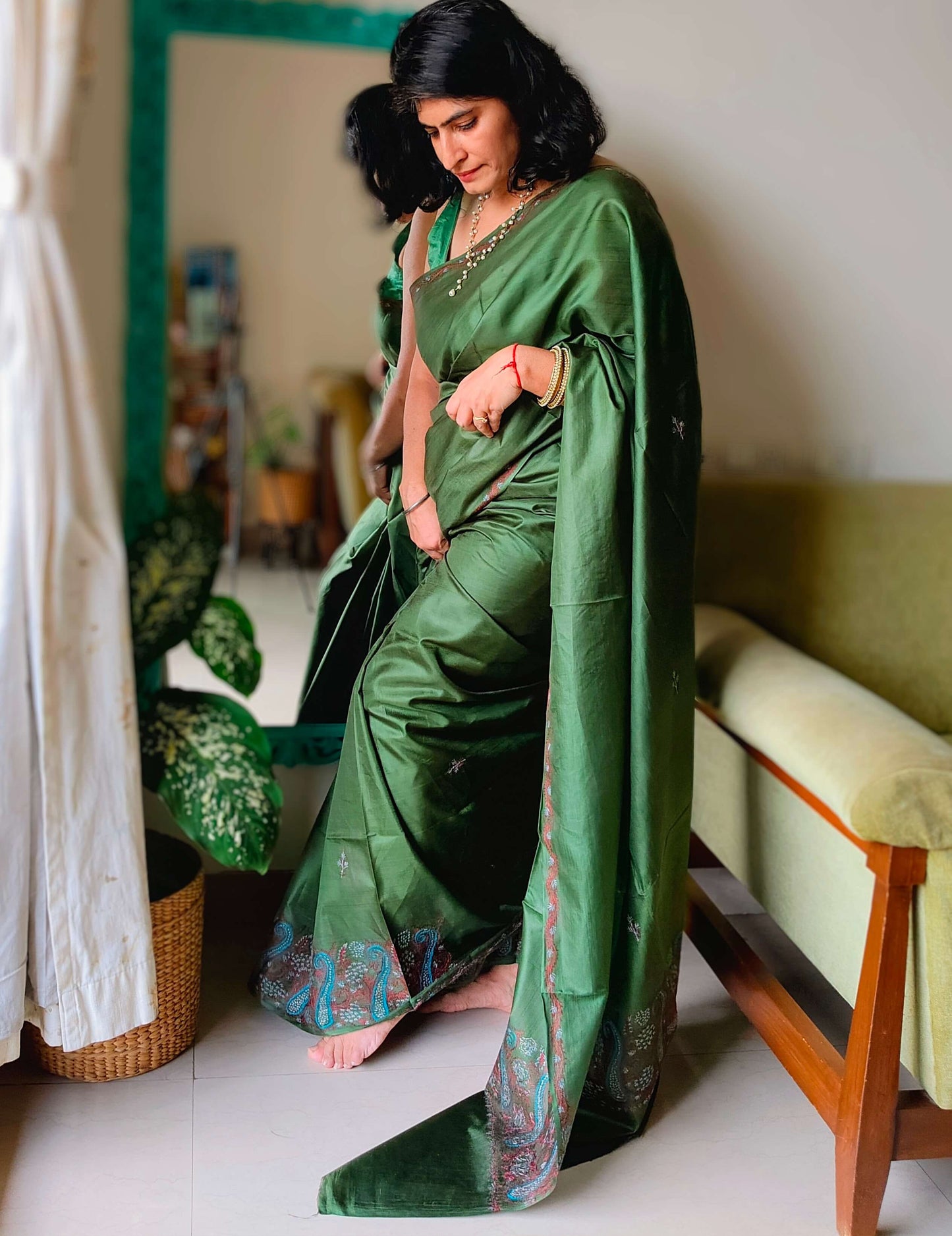 Green Silk Sozni Saree from Kashmir