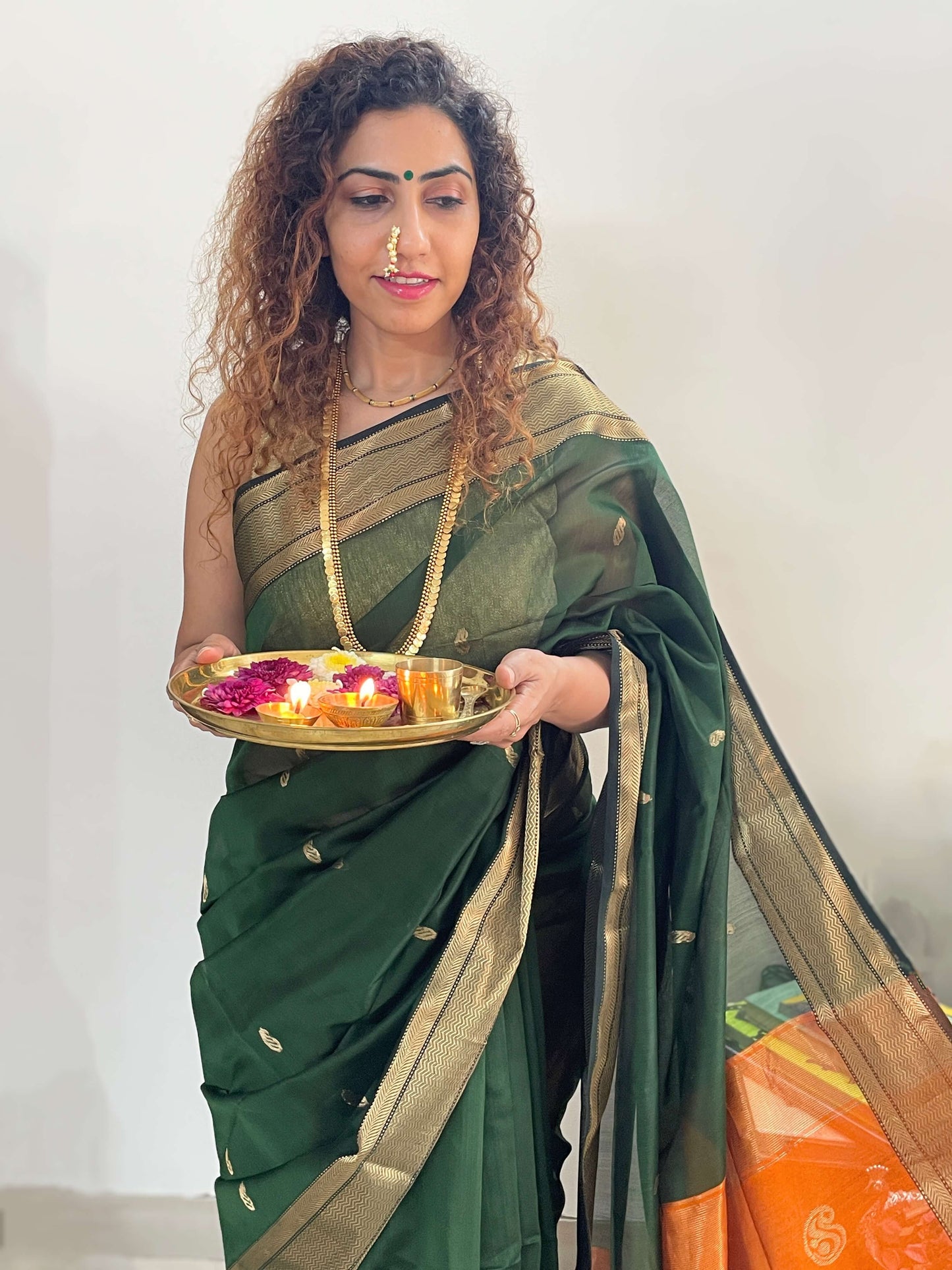 Green orange Maheshwari Saree ~ Rang collection