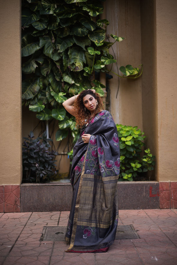 Grey Black Kosa Silk with Kantha Stitch