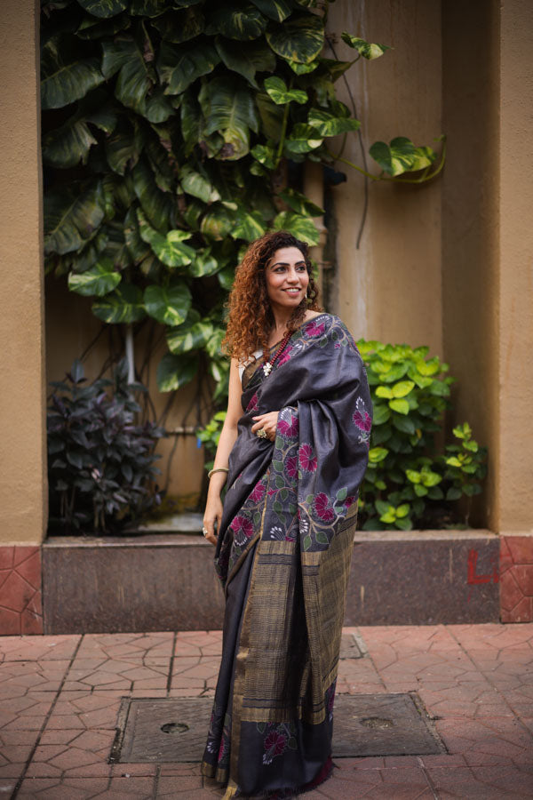 Grey Black Kosa Silk with Kantha Stitch