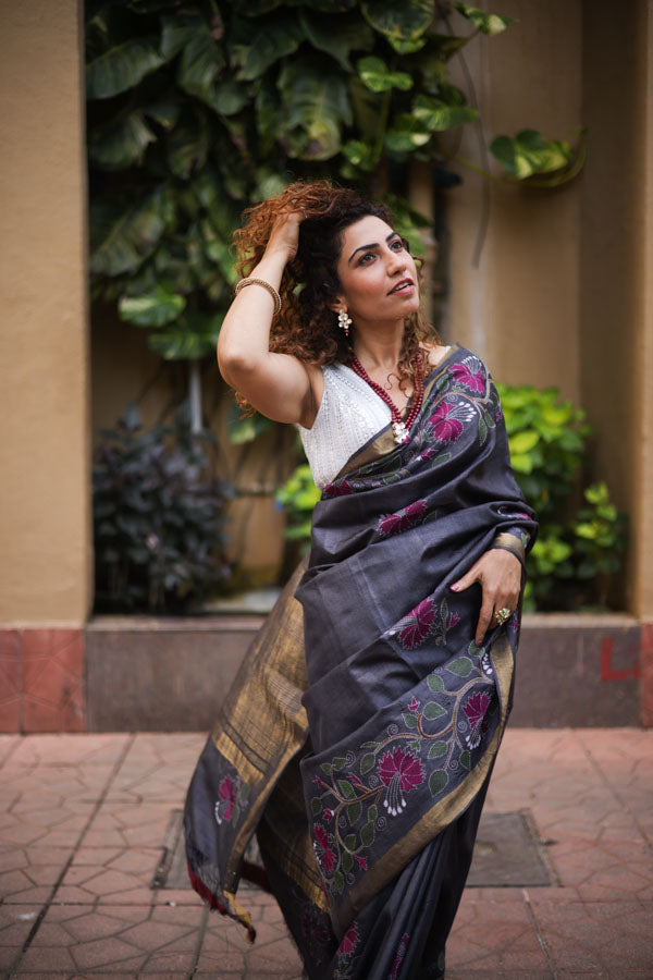 Grey Black Kosa Silk with Kantha Stitch