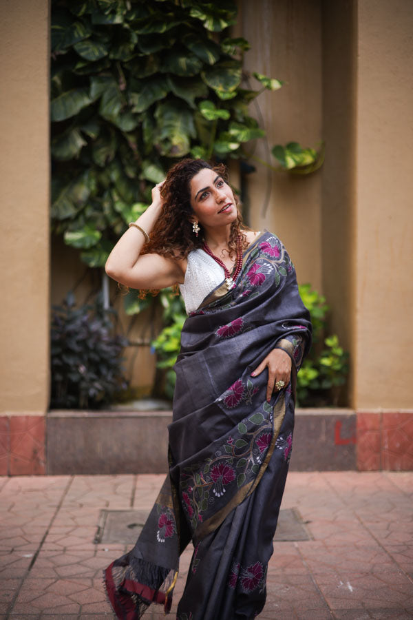 Grey Black Kosa Silk with Kantha Stitch