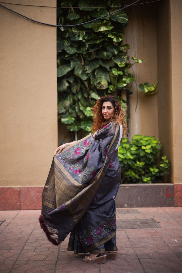 Grey Black Kosa Silk with Kantha Stitch