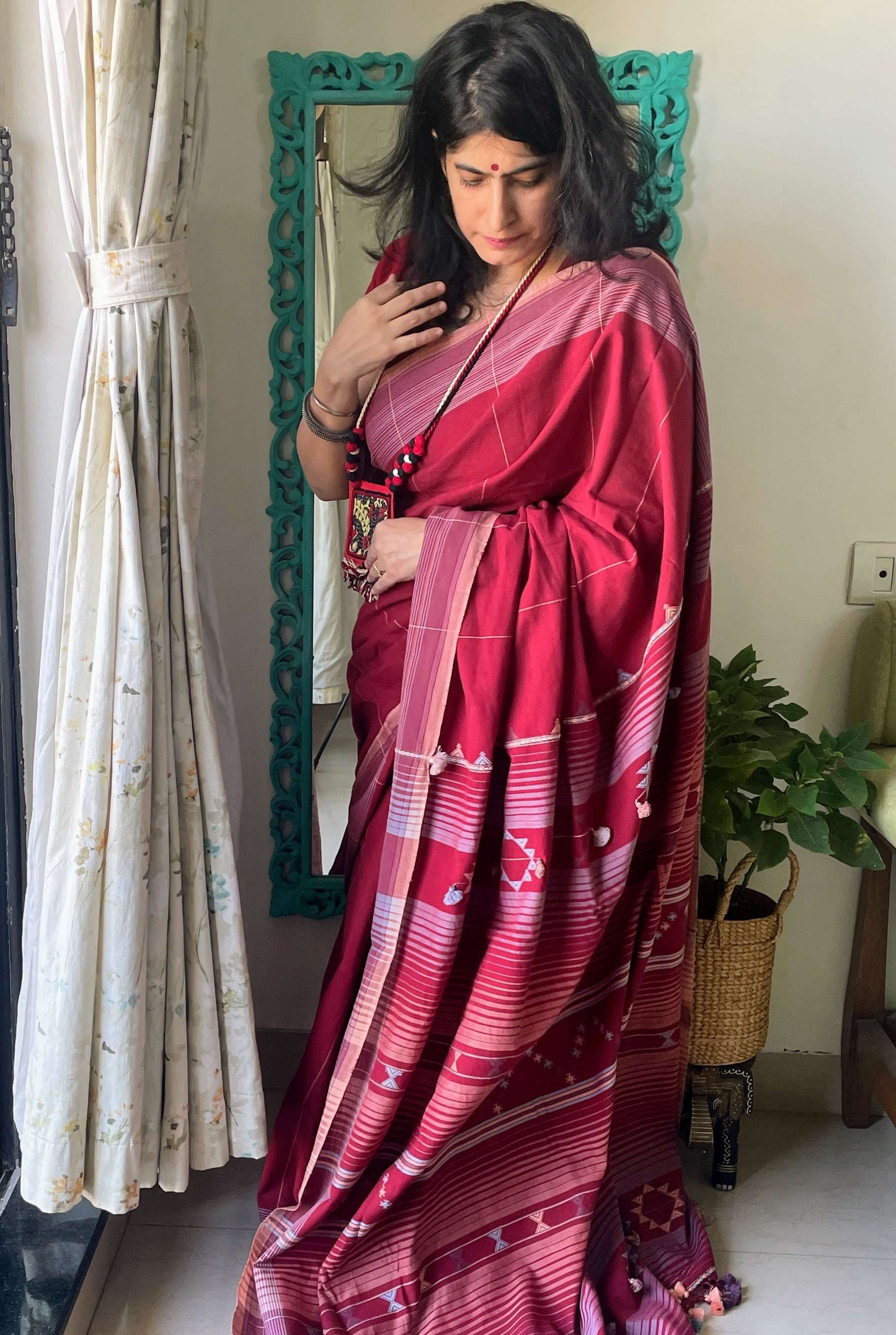 Maroon Bhujodi cotton saree