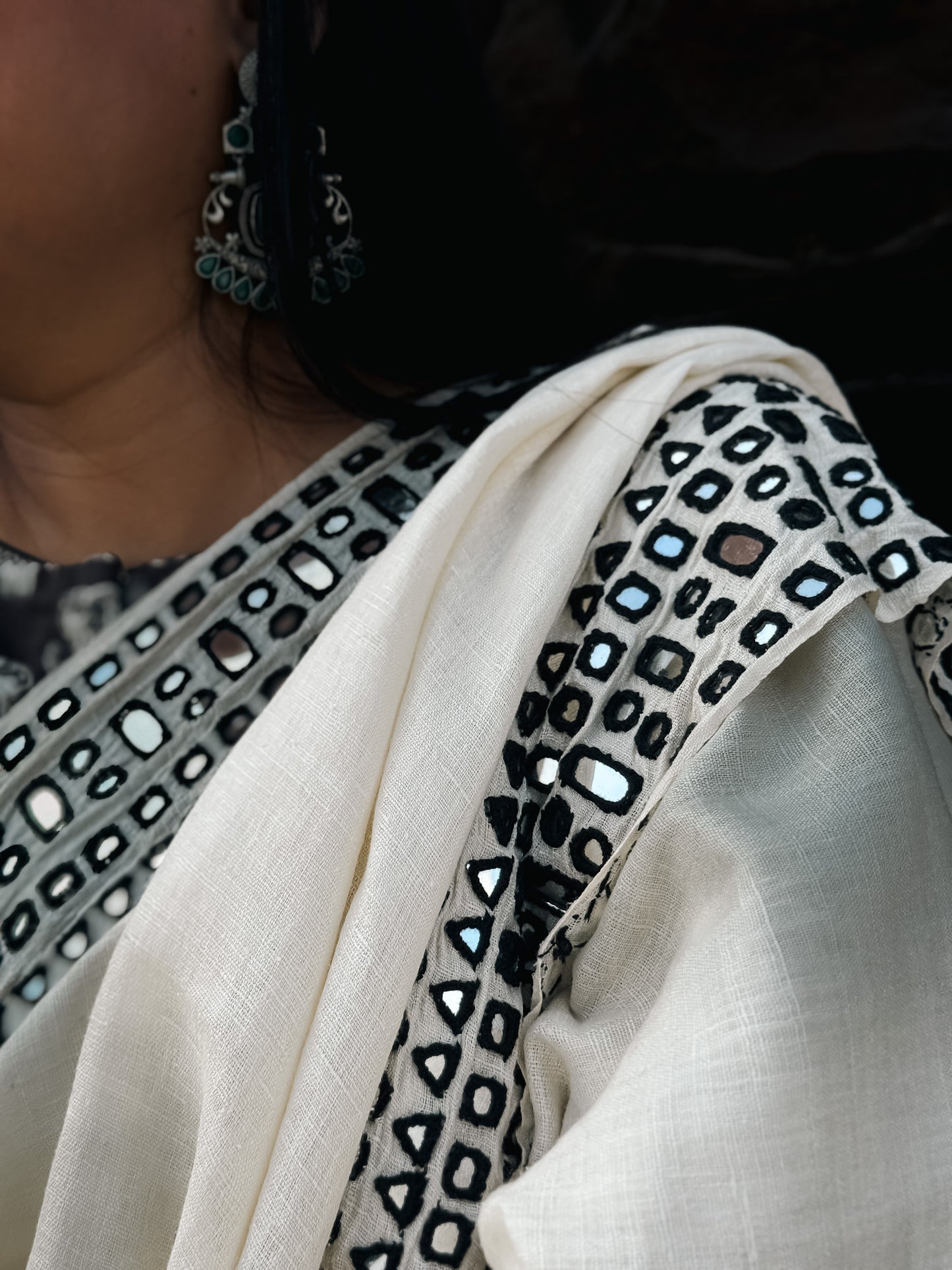 Beige Mirror work Matka silk