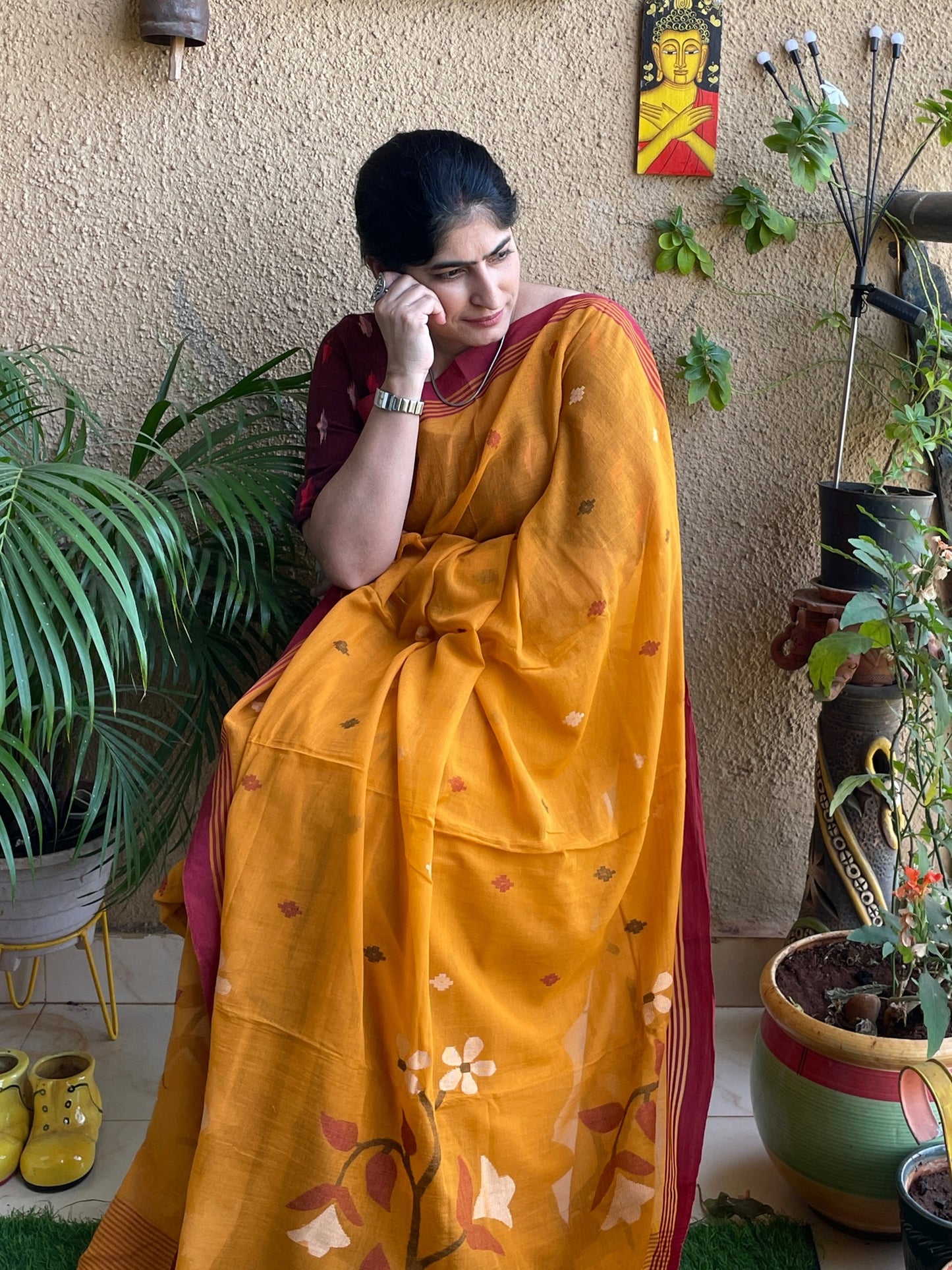 Mustard yellow Jamdani cotton saree