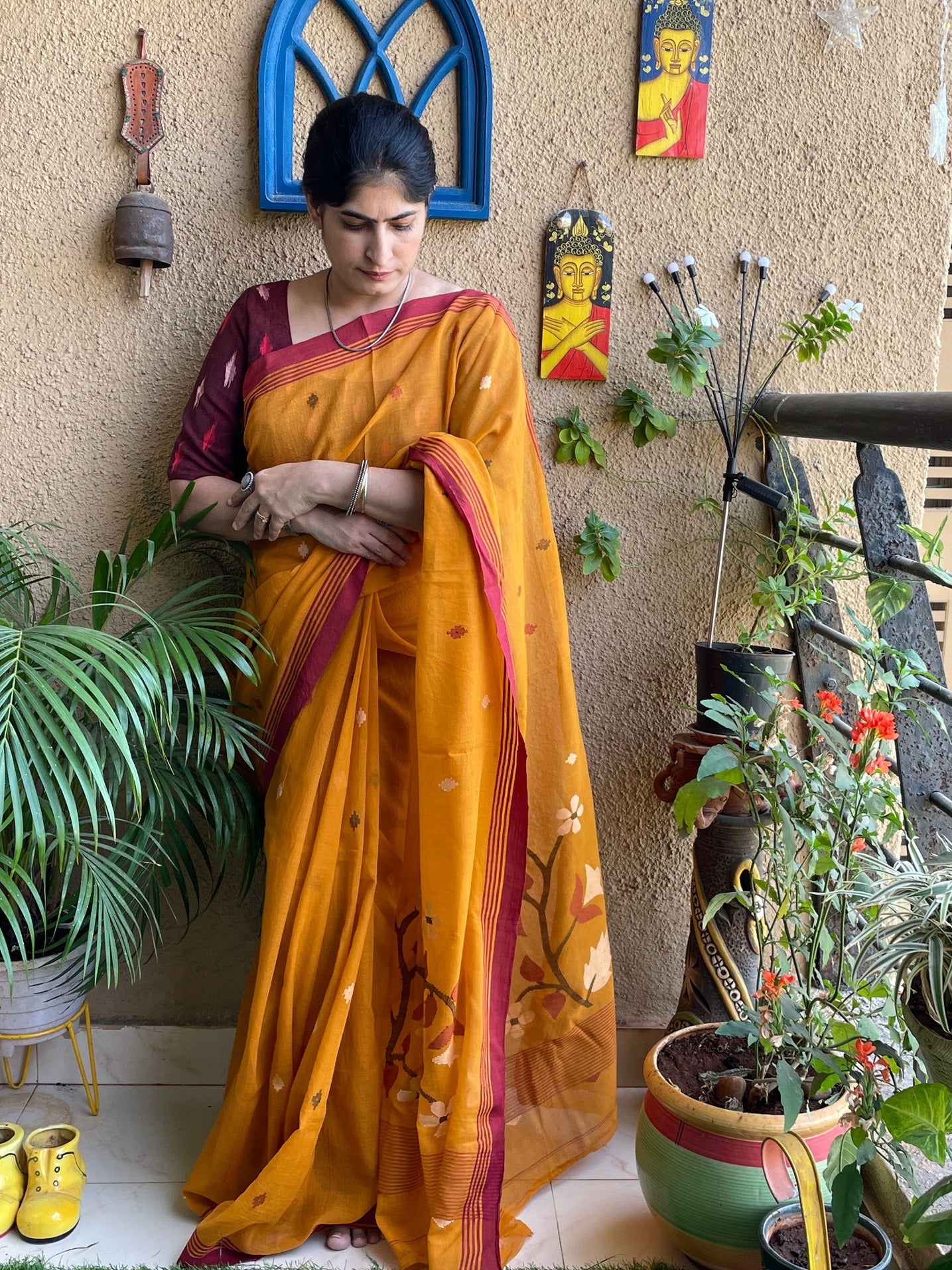 Mustard yellow Jamdani cotton saree