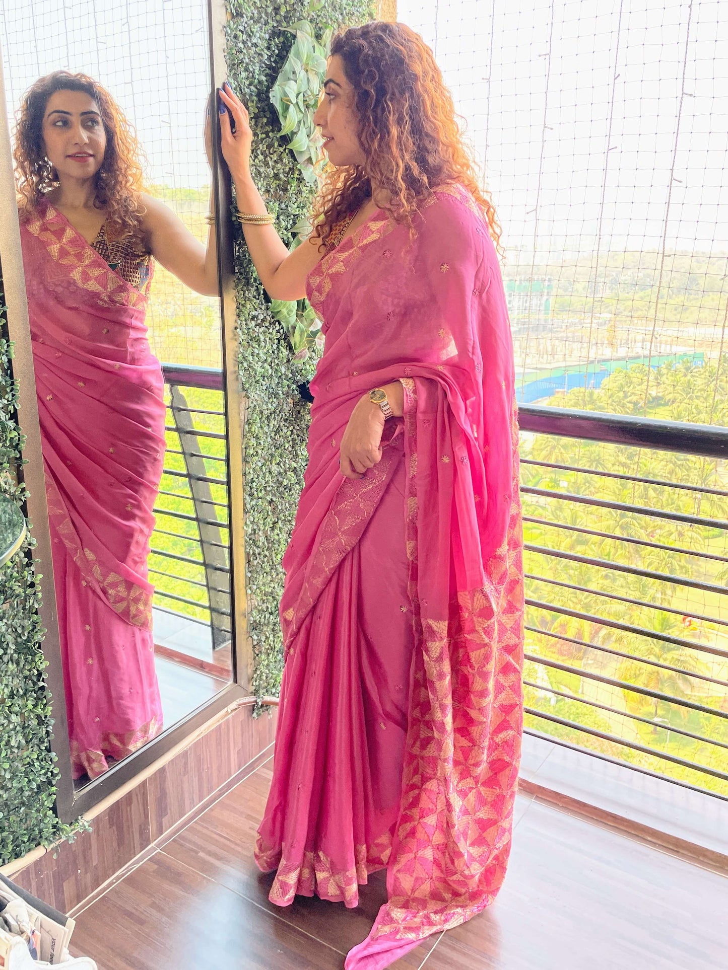 Pink Chinon Phulkari Saree