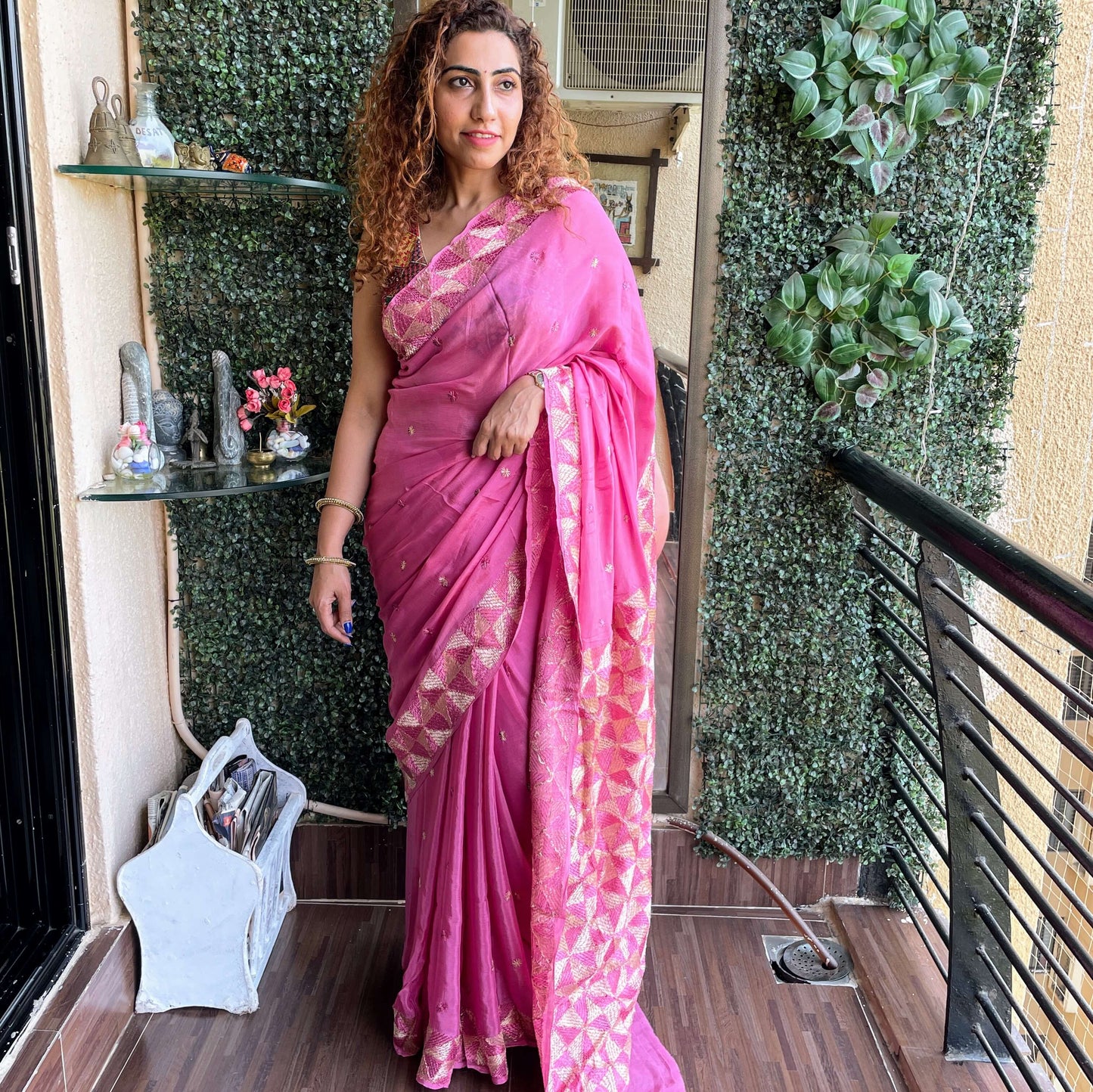 Pink Chinon Phulkari Saree