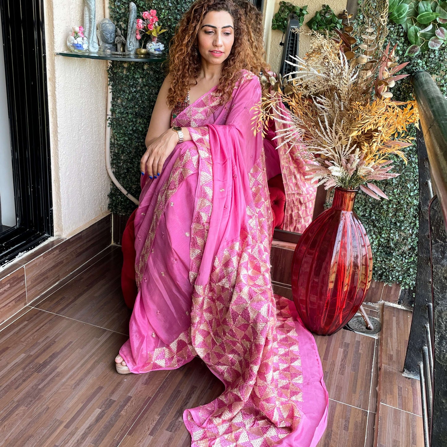 Pink Chinon Phulkari Saree