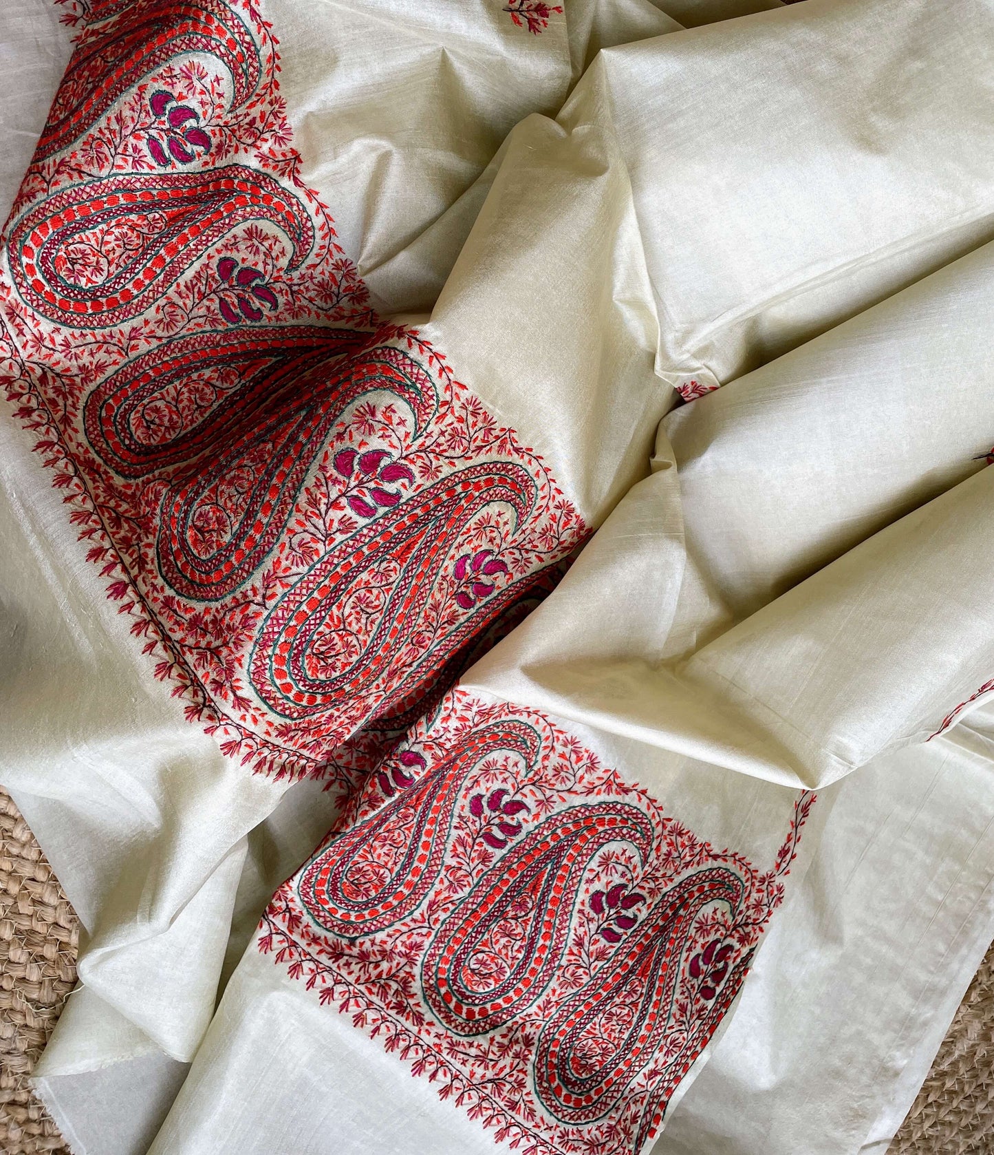 Off white Silk with Paisley Sozni embroidery saree