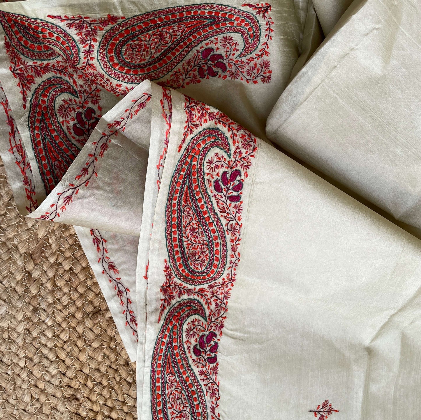 Off white Silk with Paisley Sozni embroidery saree