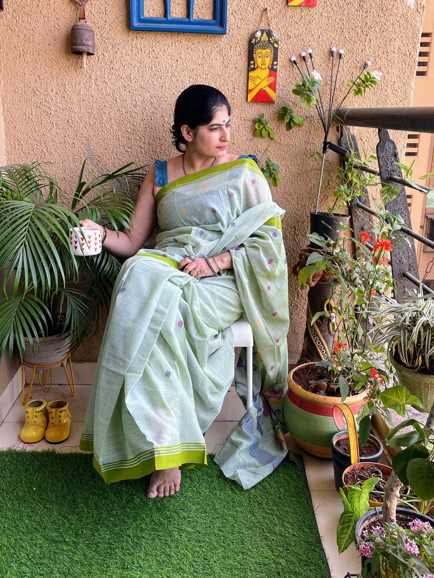 Sage green Jamdani cotton saree