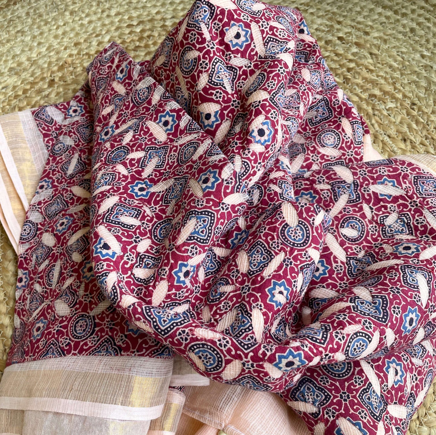 Peach with maroon Applique Kota Saree