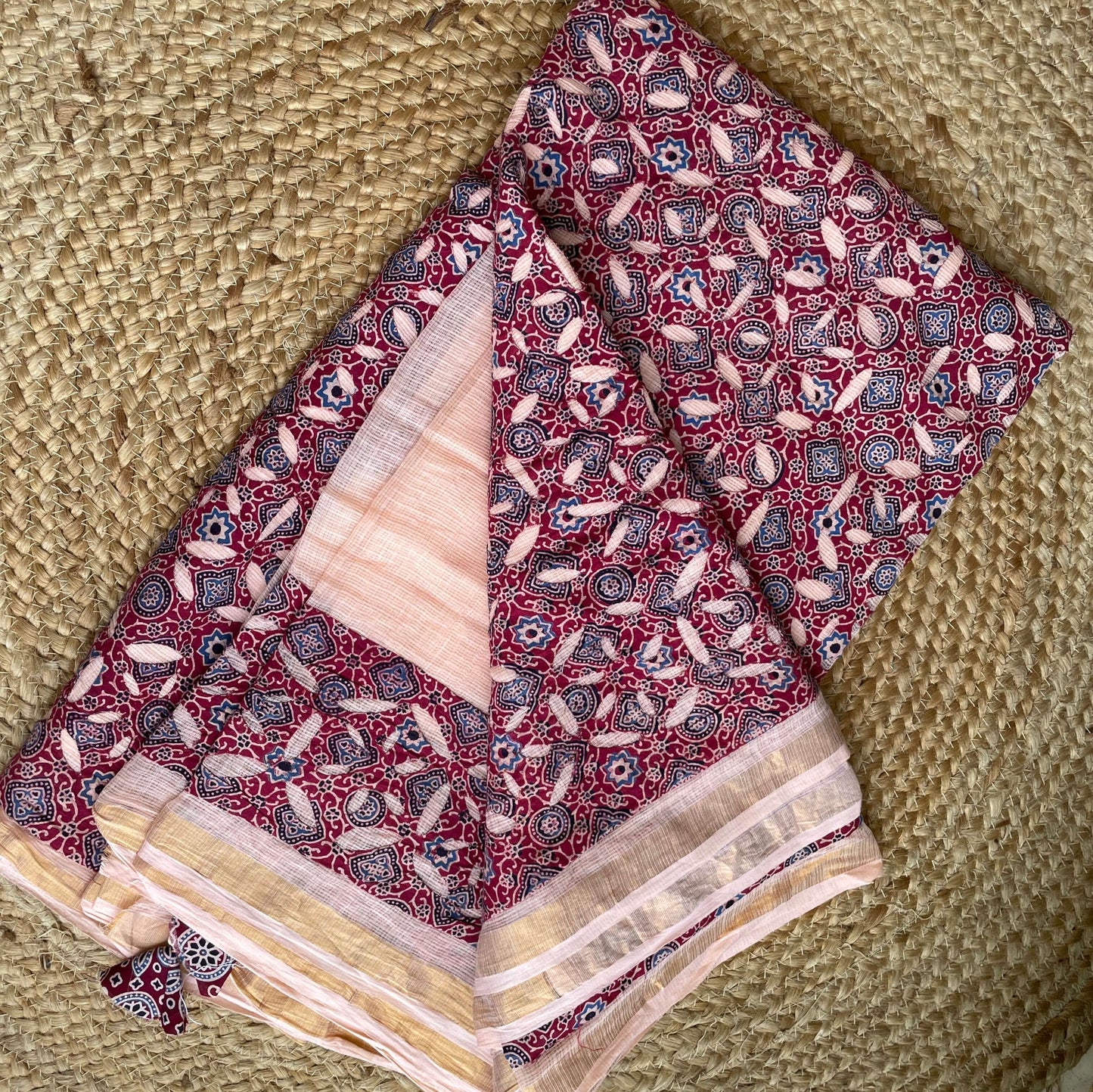 Peach with maroon Applique Kota Saree