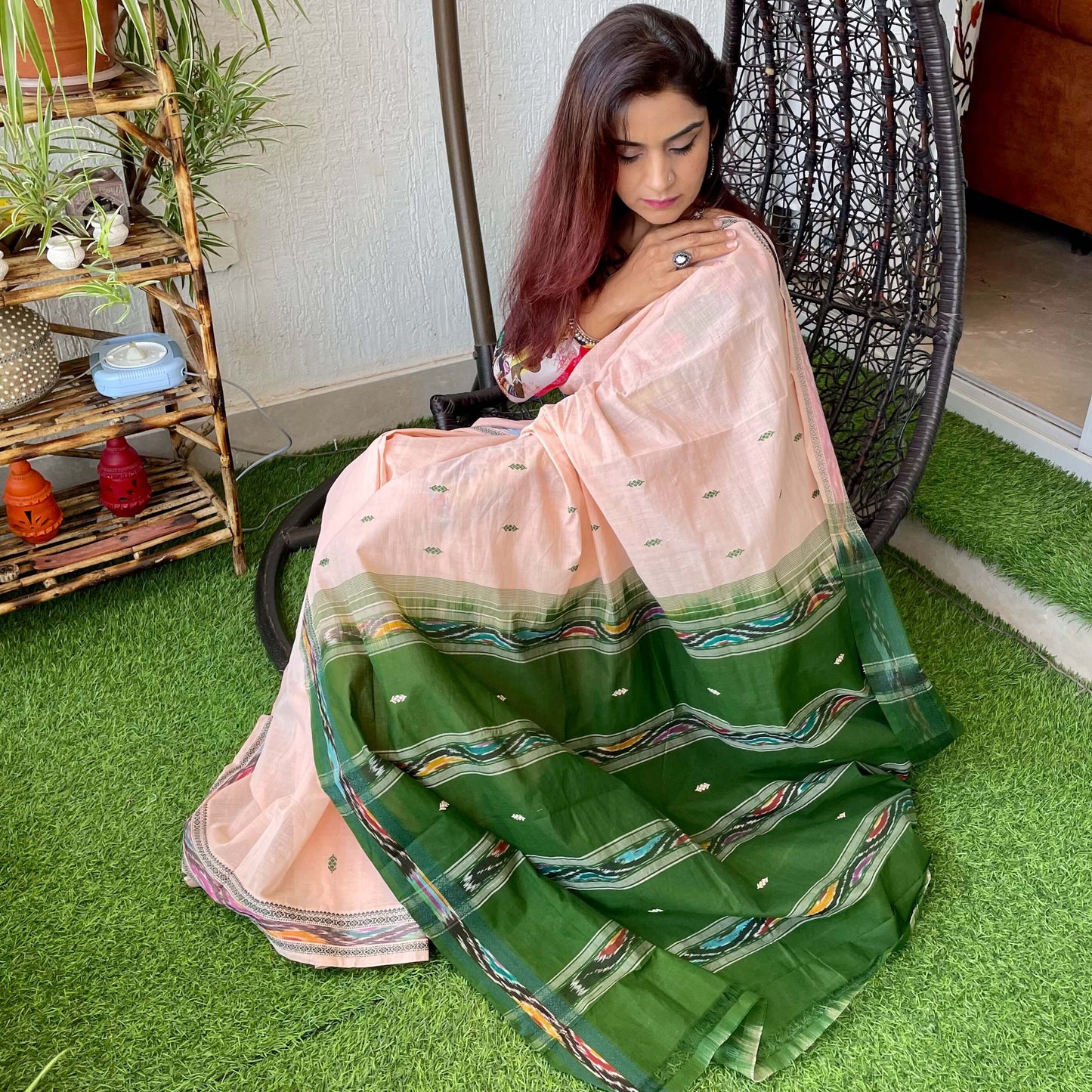 Peach Dobby ikkat cotton Saree