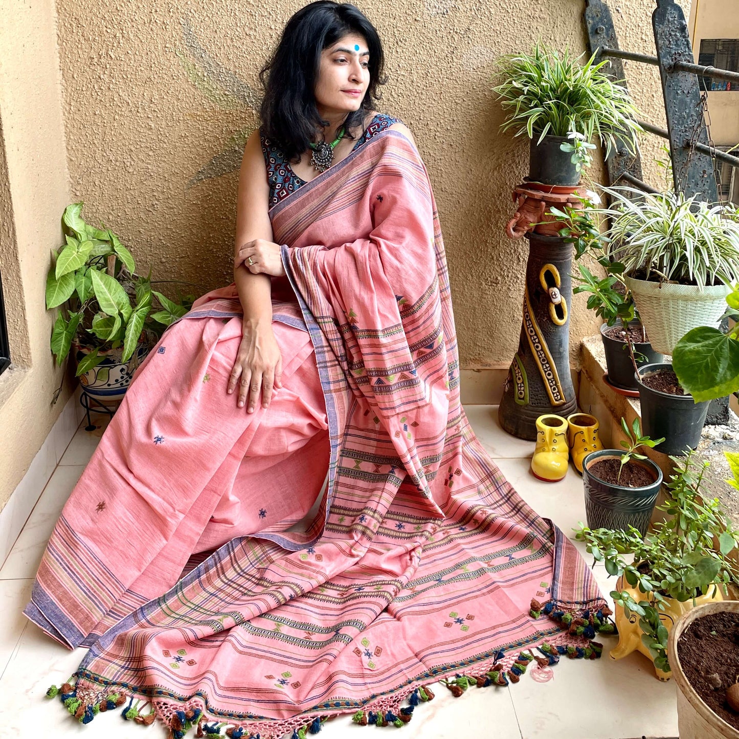 Pink Kala Coton Bhujodi Saree