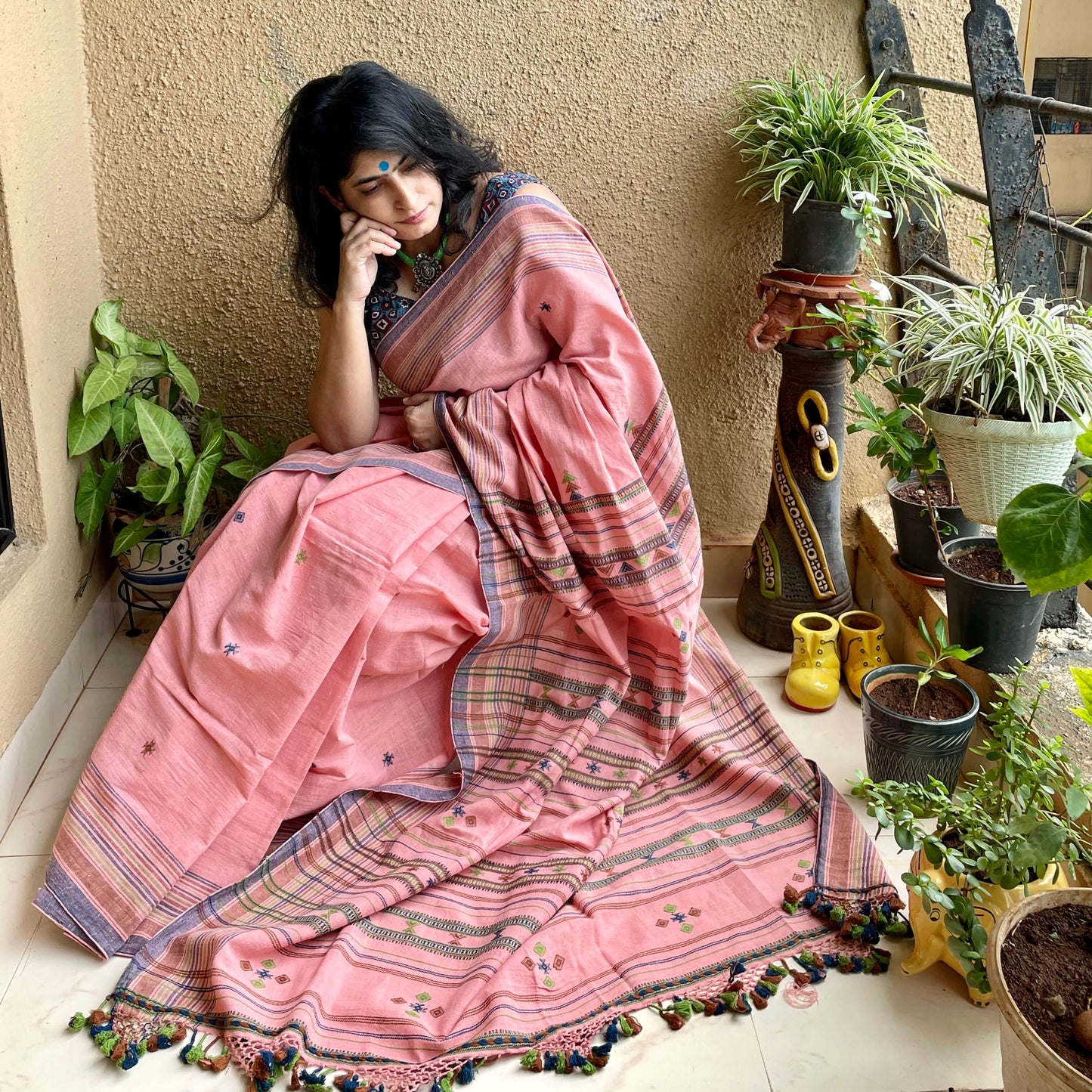 Pink Kala Coton Bhujodi Saree